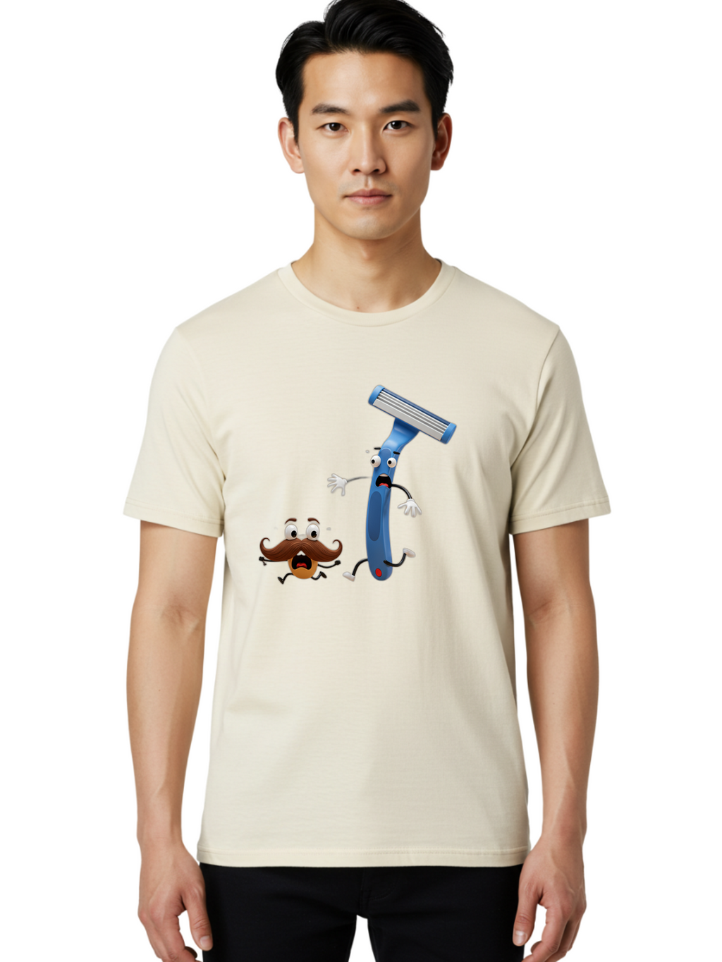 Razor-Vs-Mustache Men'S Graphic Tee, 100% Cotton, Comfortable Casual Summer Wear, Machine Washable, Safety Razor, Cartoon Character, Razor Blade, Mustache, Shaving, Humorous Illustration, Comedic Image, Razor Handle, Cartoon Mustache, Bad479