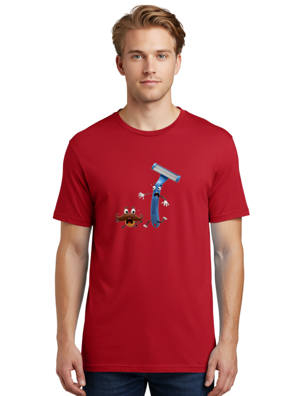 Razor-Vs-Mustache Men'S Graphic Tee, 100% Cotton, Comfortable Casual Summer Wear, Machine Washable, Safety Razor, Cartoon Character, Razor Blade, Mustache, Shaving, Humorous Illustration, Comedic Image, Razor Handle, Cartoon Mustache, Bad479