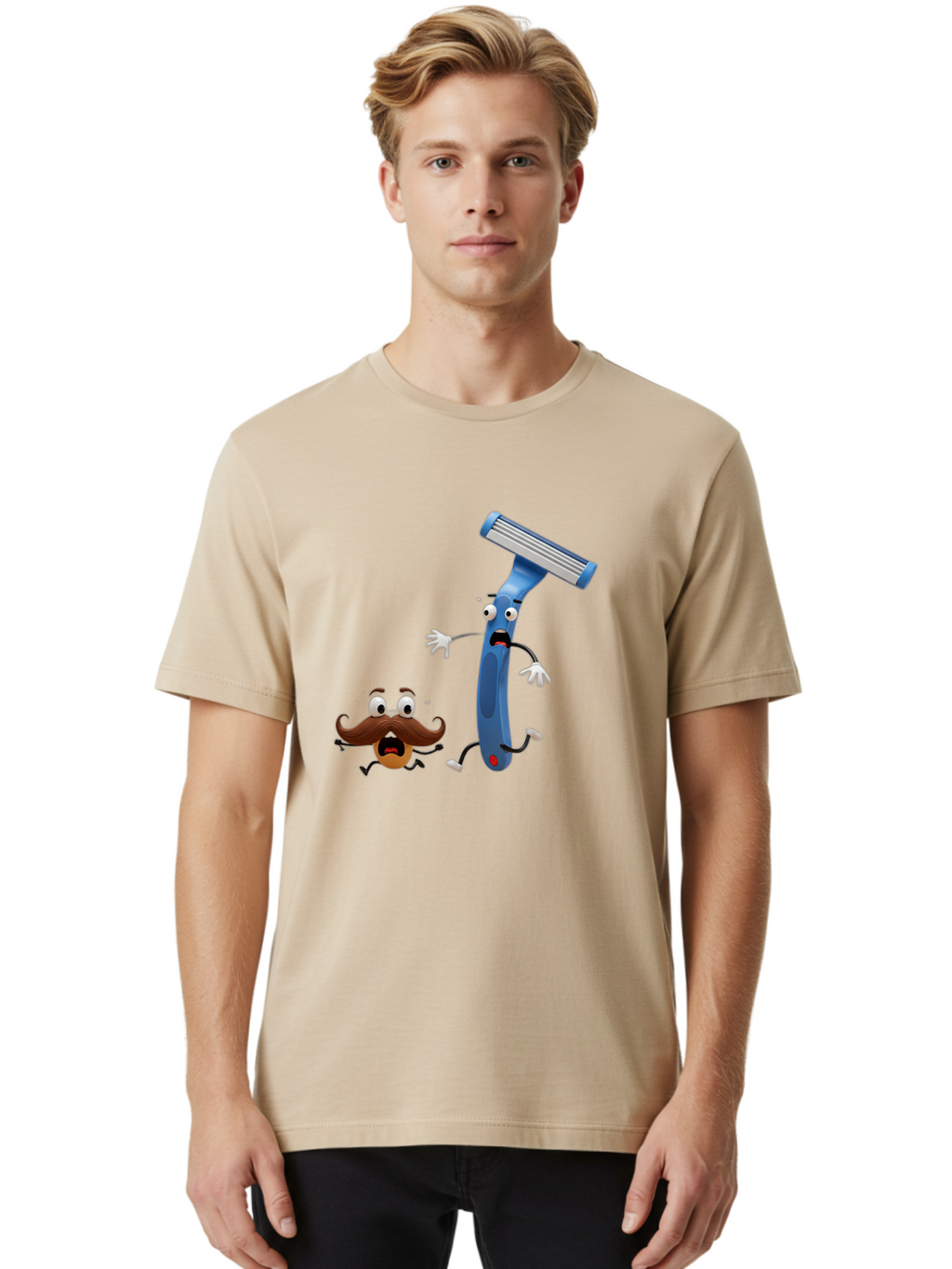 Razor-Vs-Mustache Men'S Graphic Tee, 100% Cotton, Comfortable Casual Summer Wear, Machine Washable, Safety Razor, Cartoon Character, Razor Blade, Mustache, Shaving, Humorous Illustration, Comedic Image, Razor Handle, Cartoon Mustache, Bad479
