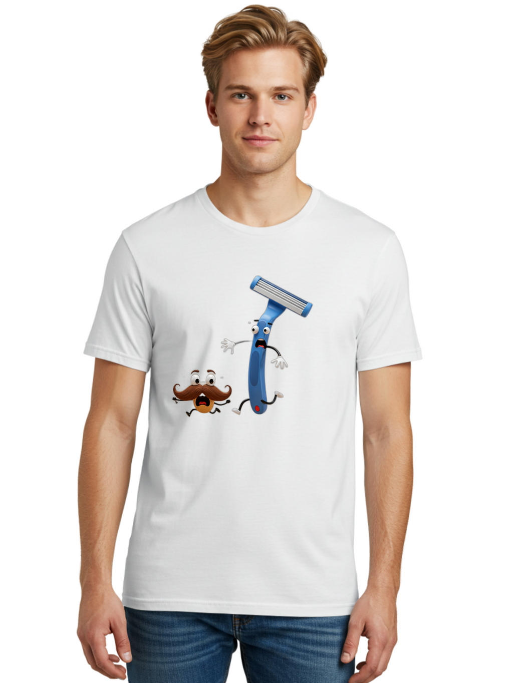 Razor-Vs-Mustache Men'S Graphic Tee, 100% Cotton, Comfortable Casual Summer Wear, Machine Washable, Safety Razor, Cartoon Character, Razor Blade, Mustache, Shaving, Humorous Illustration, Comedic Image, Razor Handle, Cartoon Mustache, Bad479