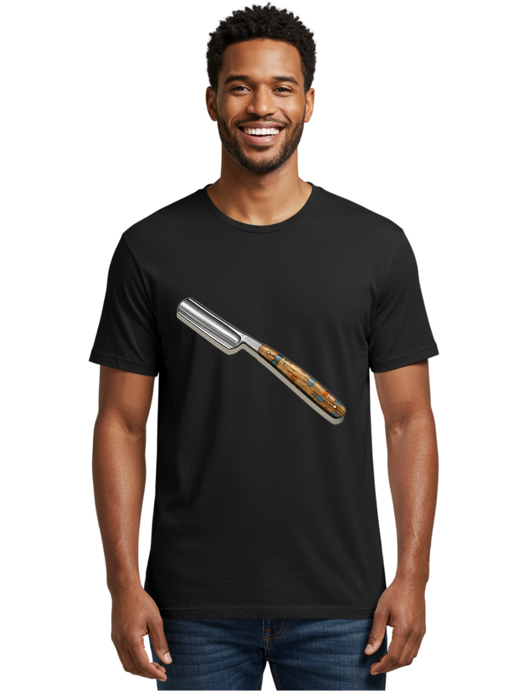 Razor Men'S Graphic Tee, 100% Cotton, Comfortable Casual Summer Wear, Machine Washable, Vintage Straight Razor, Sharp Blade, Wooden Handle, Traditional Shaving, Classic Grooming Tool, Men'S Grooming, Barber Shop Essentials, Close Shave Bad480