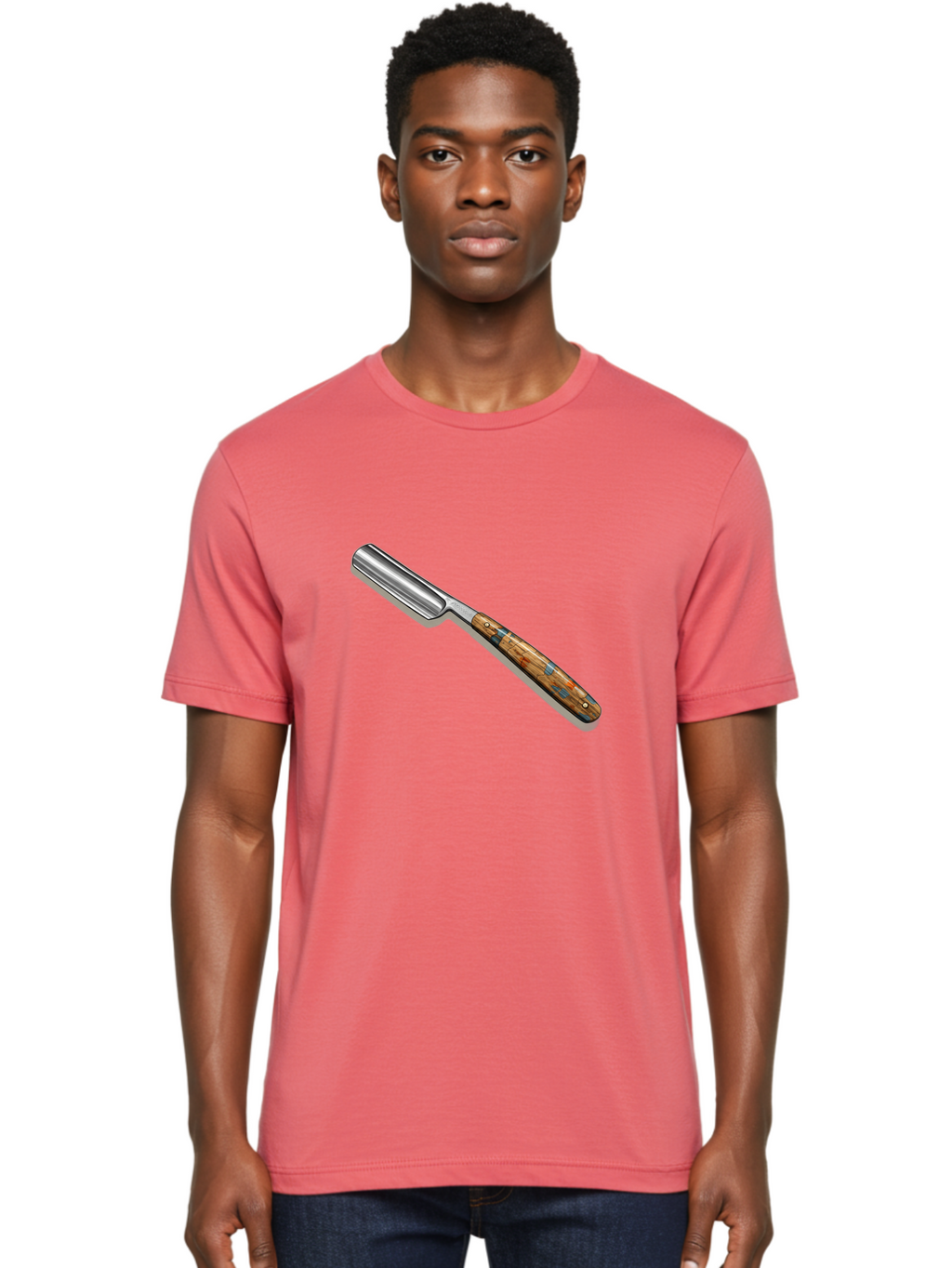 Razor Men'S Graphic Tee, 100% Cotton, Comfortable Casual Summer Wear, Machine Washable, Vintage Straight Razor, Sharp Blade, Wooden Handle, Traditional Shaving, Classic Grooming Tool, Men'S Grooming, Barber Shop Essentials, Close Shave Bad480