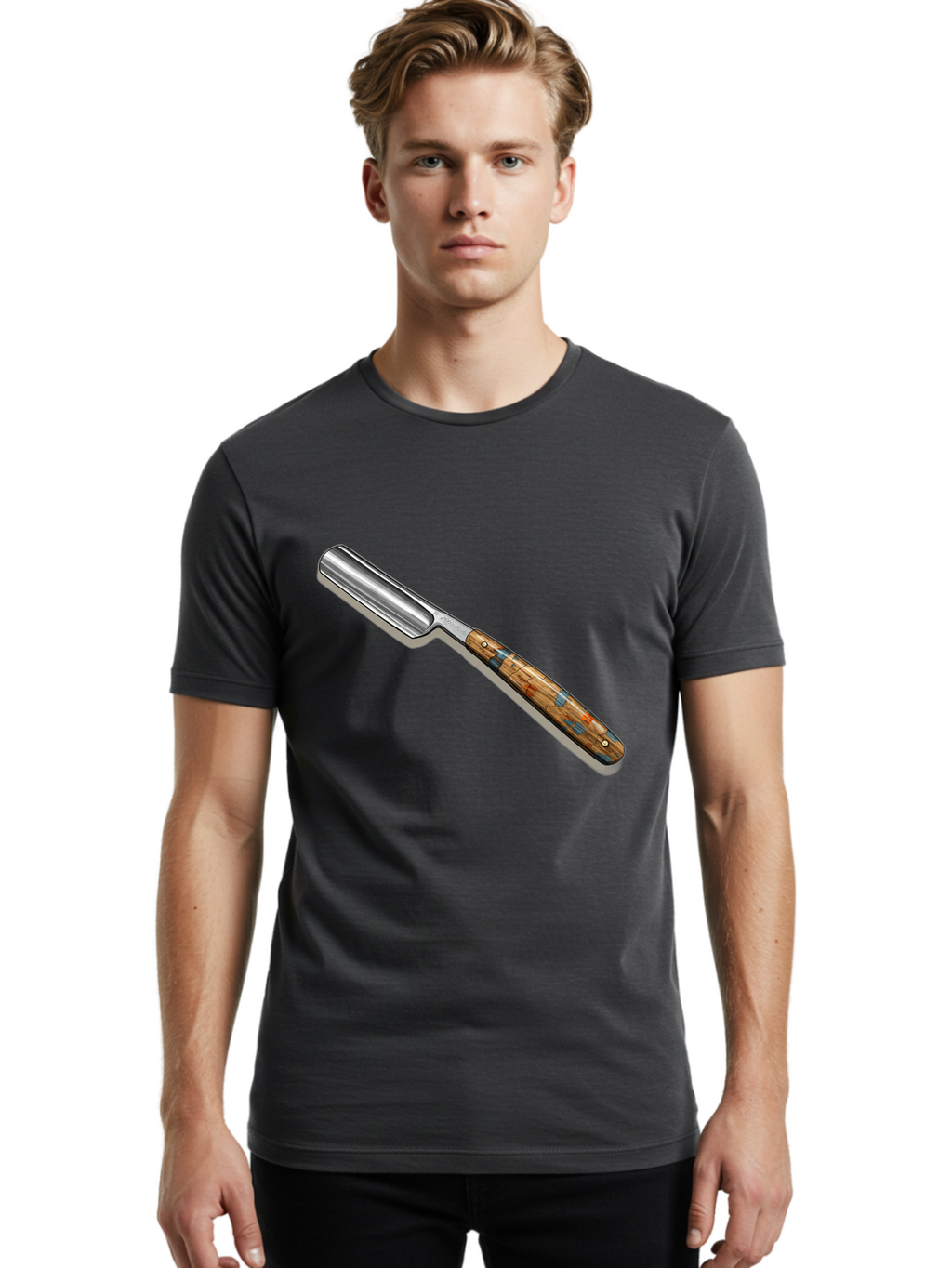 Razor Men'S Graphic Tee, 100% Cotton, Comfortable Casual Summer Wear, Machine Washable, Vintage Straight Razor, Sharp Blade, Wooden Handle, Traditional Shaving, Classic Grooming Tool, Men'S Grooming, Barber Shop Essentials, Close Shave Bad480
