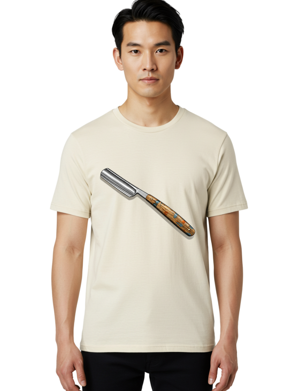 Razor Men'S Graphic Tee, 100% Cotton, Comfortable Casual Summer Wear, Machine Washable, Vintage Straight Razor, Sharp Blade, Wooden Handle, Traditional Shaving, Classic Grooming Tool, Men'S Grooming, Barber Shop Essentials, Close Shave Bad480