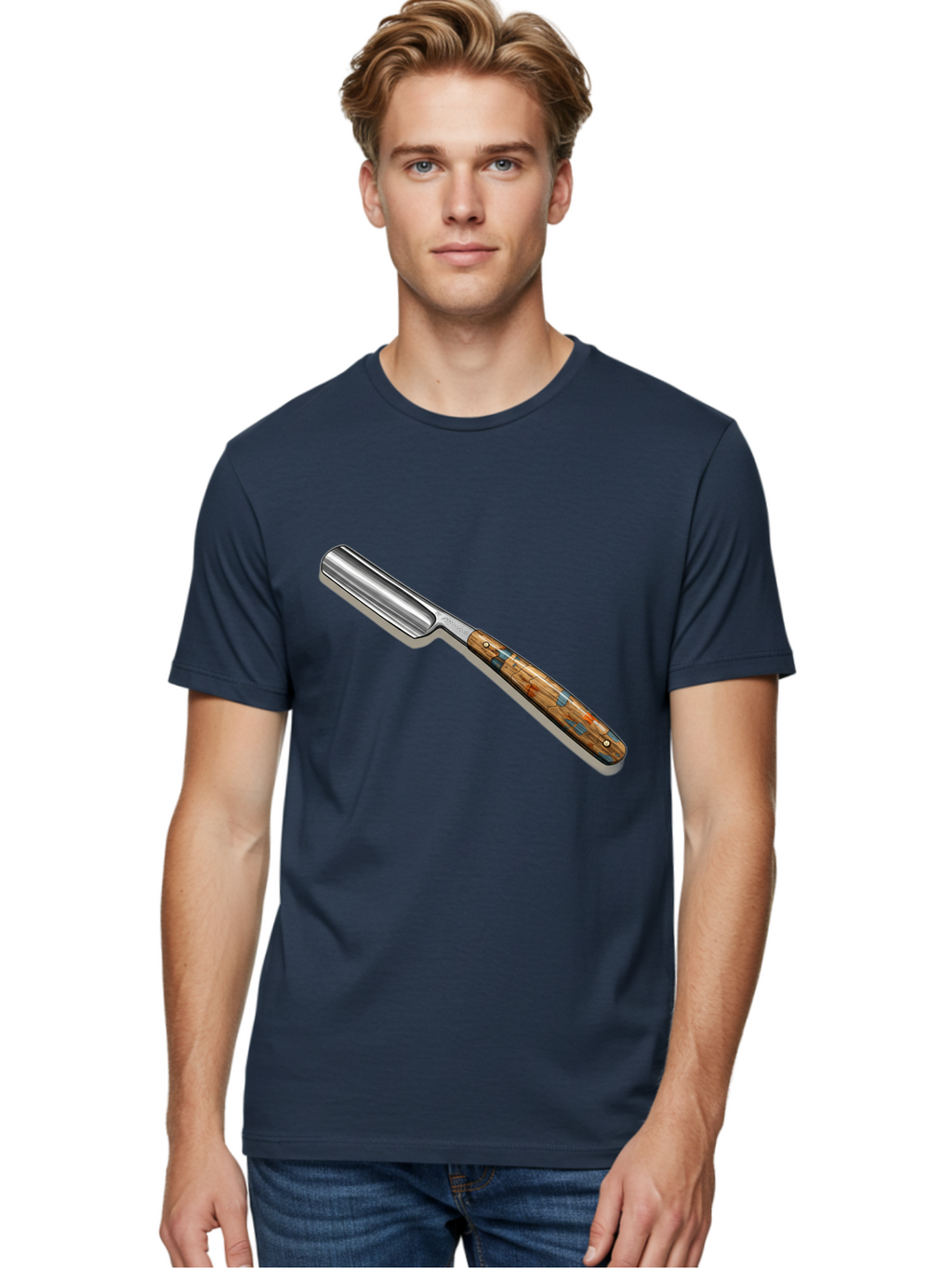 Razor Men'S Graphic Tee, 100% Cotton, Comfortable Casual Summer Wear, Machine Washable, Vintage Straight Razor, Sharp Blade, Wooden Handle, Traditional Shaving, Classic Grooming Tool, Men'S Grooming, Barber Shop Essentials, Close Shave Bad480