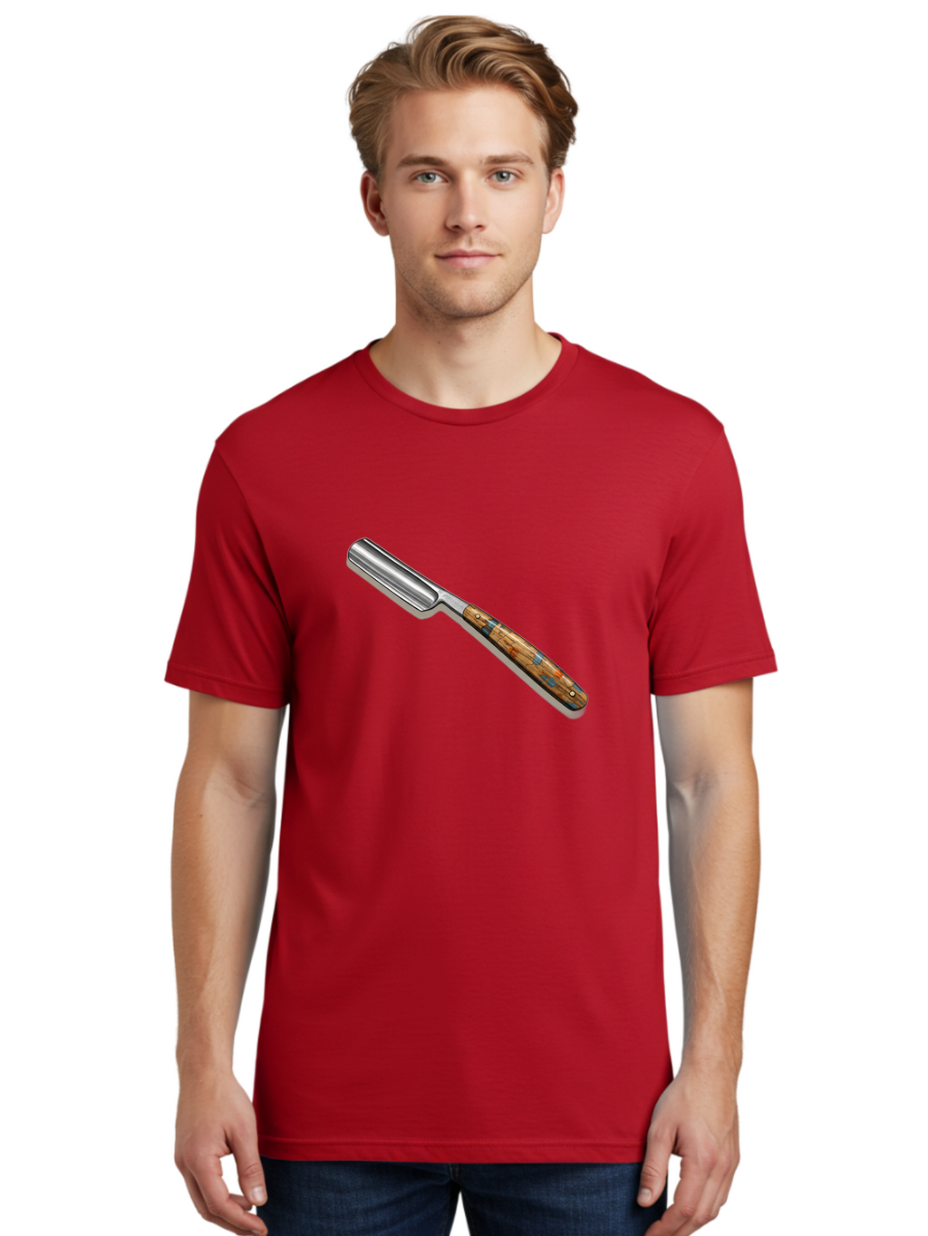 Razor Men'S Graphic Tee, 100% Cotton, Comfortable Casual Summer Wear, Machine Washable, Vintage Straight Razor, Sharp Blade, Wooden Handle, Traditional Shaving, Classic Grooming Tool, Men'S Grooming, Barber Shop Essentials, Close Shave Bad480