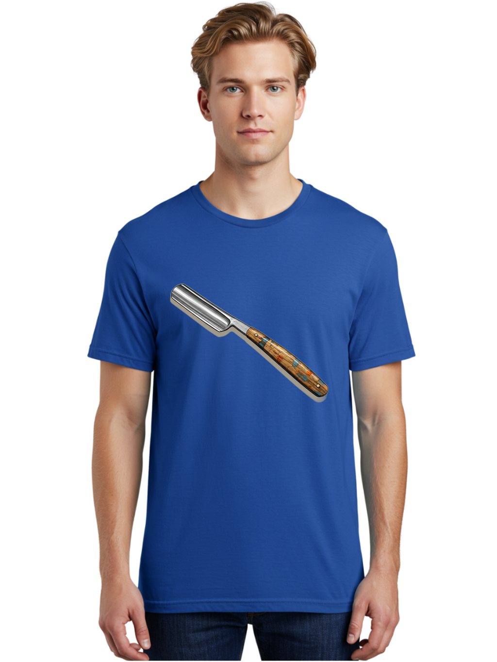 Razor Men'S Graphic Tee, 100% Cotton, Comfortable Casual Summer Wear, Machine Washable, Vintage Straight Razor, Sharp Blade, Wooden Handle, Traditional Shaving, Classic Grooming Tool, Men'S Grooming, Barber Shop Essentials, Close Shave Bad480