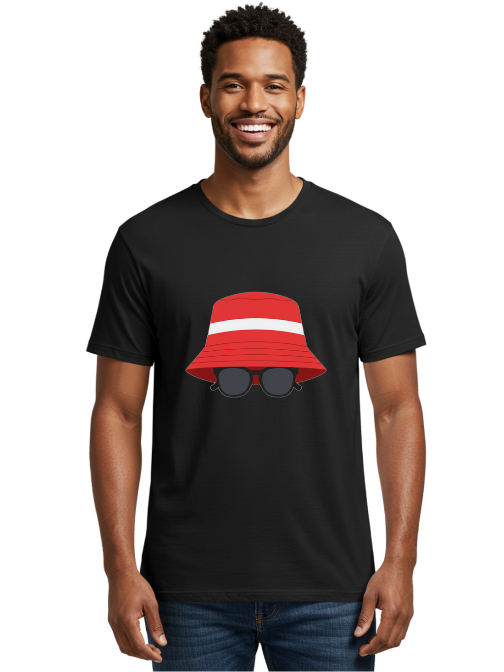 Red-Bucket-Hat-With-Sunglasses Men'S Graphic Tee, 100% Cotton, Comfortable Casual Summer Wear, Machine Washable, Red Bucket Hat, White Stripe, Sunglasses, Summer Fashion, Beachwear, Stylish Accessories, Trendy Outfits, Sunglasses Fashion, Bad483