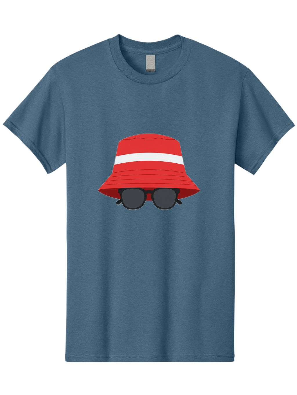 Red-Bucket-Hat-With-Sunglasses Men'S Graphic Tee, 100% Cotton, Comfortable Casual Summer Wear, Machine Washable, Red Bucket Hat, White Stripe, Sunglasses, Summer Fashion, Beachwear, Stylish Accessories, Trendy Outfits, Sunglasses Fashion, Bad483