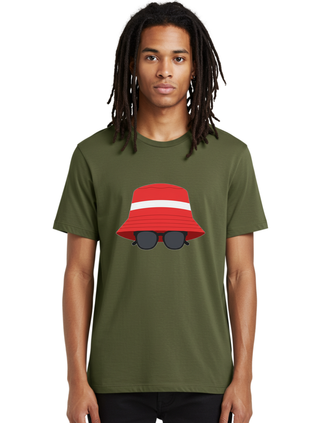 Red-Bucket-Hat-With-Sunglasses Men'S Graphic Tee, 100% Cotton, Comfortable Casual Summer Wear, Machine Washable, Red Bucket Hat, White Stripe, Sunglasses, Summer Fashion, Beachwear, Stylish Accessories, Trendy Outfits, Sunglasses Fashion, Bad483