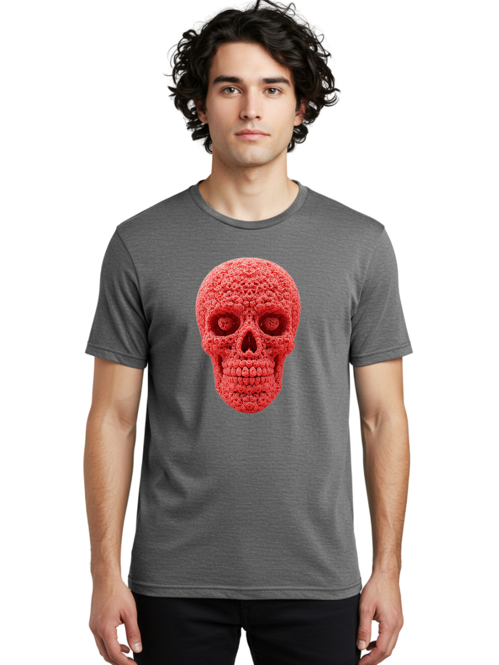 Red-Crochet-Skull Men'S Graphic Tee, 100% Cotton, Comfortable Casual Summer Wear, Machine Washable, Strawberry Skull, Red Fruit, Sugar Skull, Food Art, Creative Dessert, Skull Design, Vibrant Red Color, Unique Food Styling Bad484