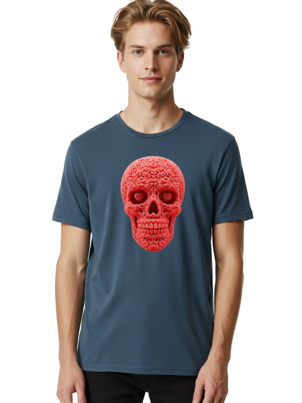 Red-Crochet-Skull Men'S Graphic Tee, 100% Cotton, Comfortable Casual Summer Wear, Machine Washable, Strawberry Skull, Red Fruit, Sugar Skull, Food Art, Creative Dessert, Skull Design, Vibrant Red Color, Unique Food Styling Bad484