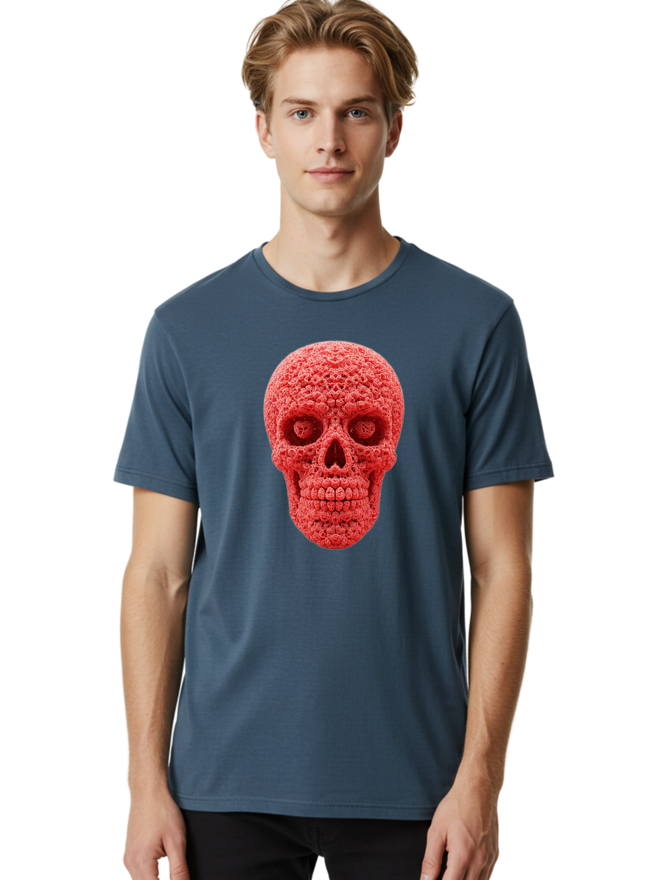 Red-Crochet-Skull Men'S Graphic Tee, 100% Cotton, Comfortable Casual Summer Wear, Machine Washable, Strawberry Skull, Red Fruit, Sugar Skull, Food Art, Creative Dessert, Skull Design, Vibrant Red Color, Unique Food Styling Bad484