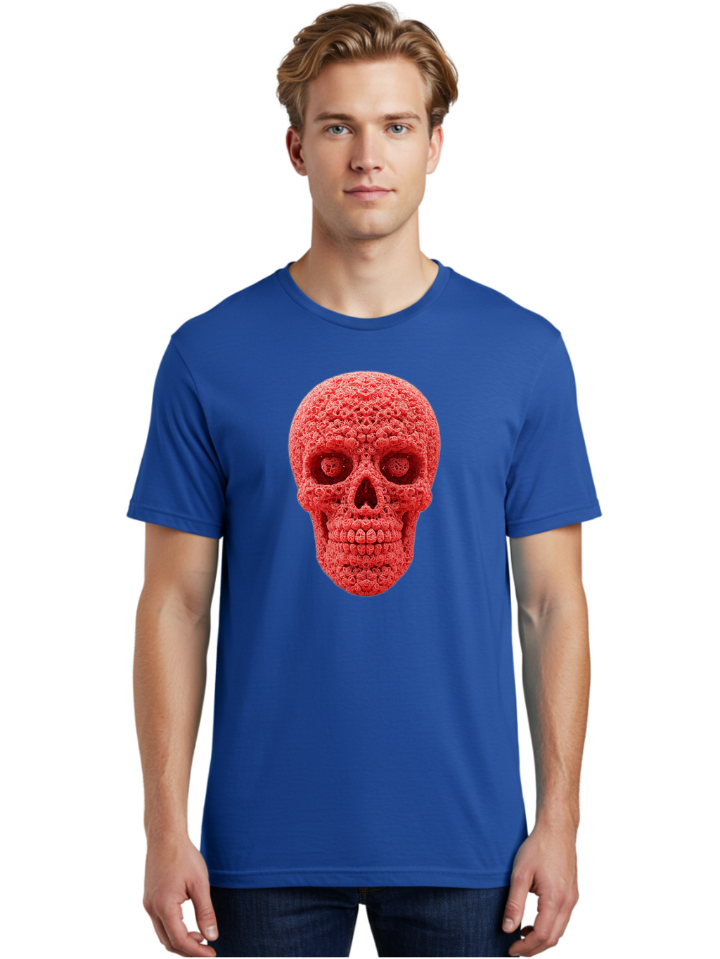 Red-Crochet-Skull Men'S Graphic Tee, 100% Cotton, Comfortable Casual Summer Wear, Machine Washable, Strawberry Skull, Red Fruit, Sugar Skull, Food Art, Creative Dessert, Skull Design, Vibrant Red Color, Unique Food Styling Bad484