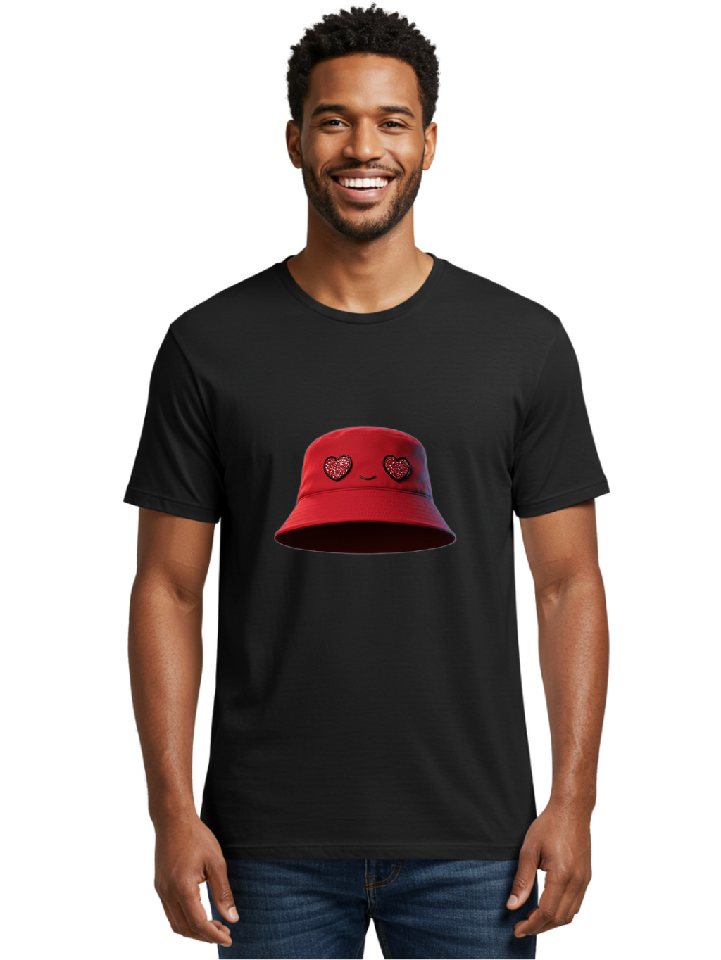 Red-Hat Men'S Graphic Tee, 100% Cotton, Comfortable Casual Summer Wear, Machine Washable, Red Bucket Hat, Heart Eyes, Smiley Face, Fashion Accessory, Streetwear, Casual Style, Hat With Heart Design, Trendy Headwear, Kawaii Fashion Bad485
