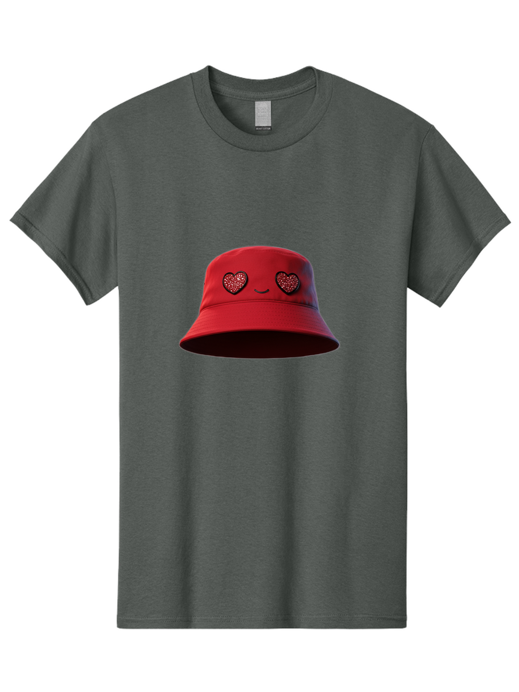 Red-Hat Men'S Graphic Tee, 100% Cotton, Comfortable Casual Summer Wear, Machine Washable, Red Bucket Hat, Heart Eyes, Smiley Face, Fashion Accessory, Streetwear, Casual Style, Hat With Heart Design, Trendy Headwear, Kawaii Fashion Bad485