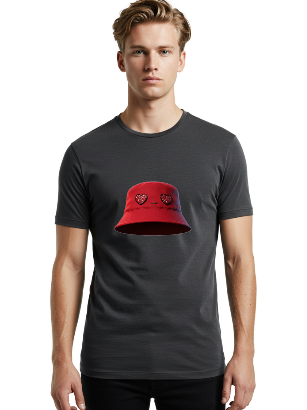 Red-Hat Men'S Graphic Tee, 100% Cotton, Comfortable Casual Summer Wear, Machine Washable, Red Bucket Hat, Heart Eyes, Smiley Face, Fashion Accessory, Streetwear, Casual Style, Hat With Heart Design, Trendy Headwear, Kawaii Fashion Bad485