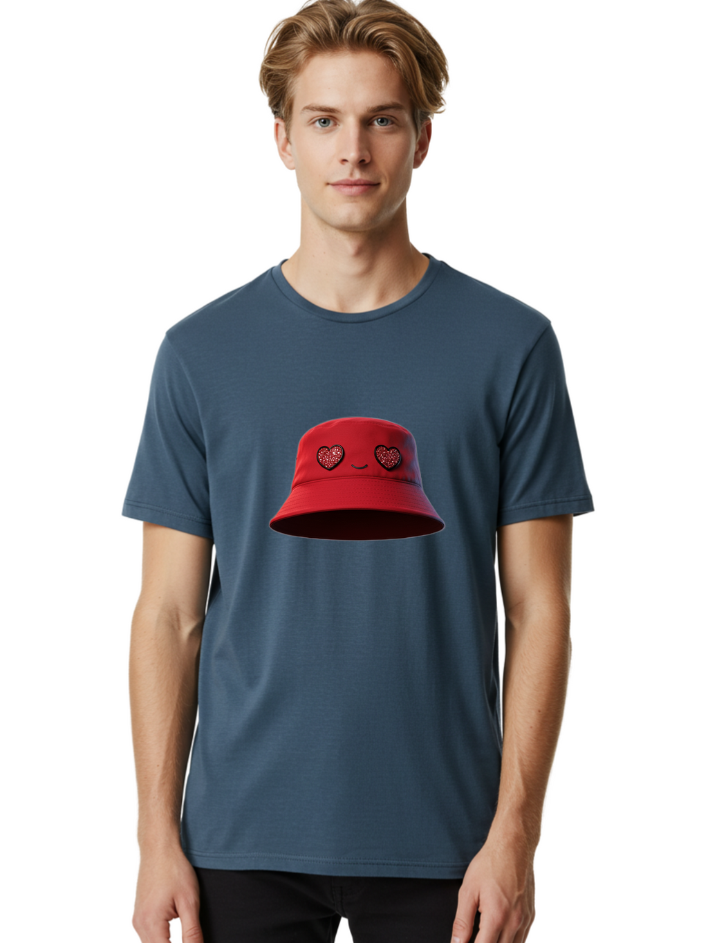 Red-Hat Men'S Graphic Tee, 100% Cotton, Comfortable Casual Summer Wear, Machine Washable, Red Bucket Hat, Heart Eyes, Smiley Face, Fashion Accessory, Streetwear, Casual Style, Hat With Heart Design, Trendy Headwear, Kawaii Fashion Bad485