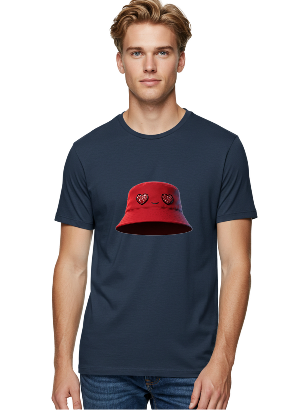 Red-Hat Men'S Graphic Tee, 100% Cotton, Comfortable Casual Summer Wear, Machine Washable, Red Bucket Hat, Heart Eyes, Smiley Face, Fashion Accessory, Streetwear, Casual Style, Hat With Heart Design, Trendy Headwear, Kawaii Fashion Bad485