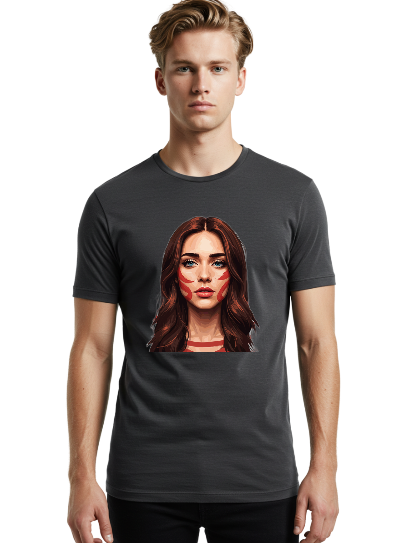 Red-Warrior-Woman Men'S Graphic Tee, 100% Cotton, Comfortable Casual Summer Wear, Machine Washable, Digital Art, Portrait Of A Woman, Red Stripes On Face, Blue Eyes, Long Brown Hair, Red Choker, Bold Makeup, Artistic Expression, Bad487