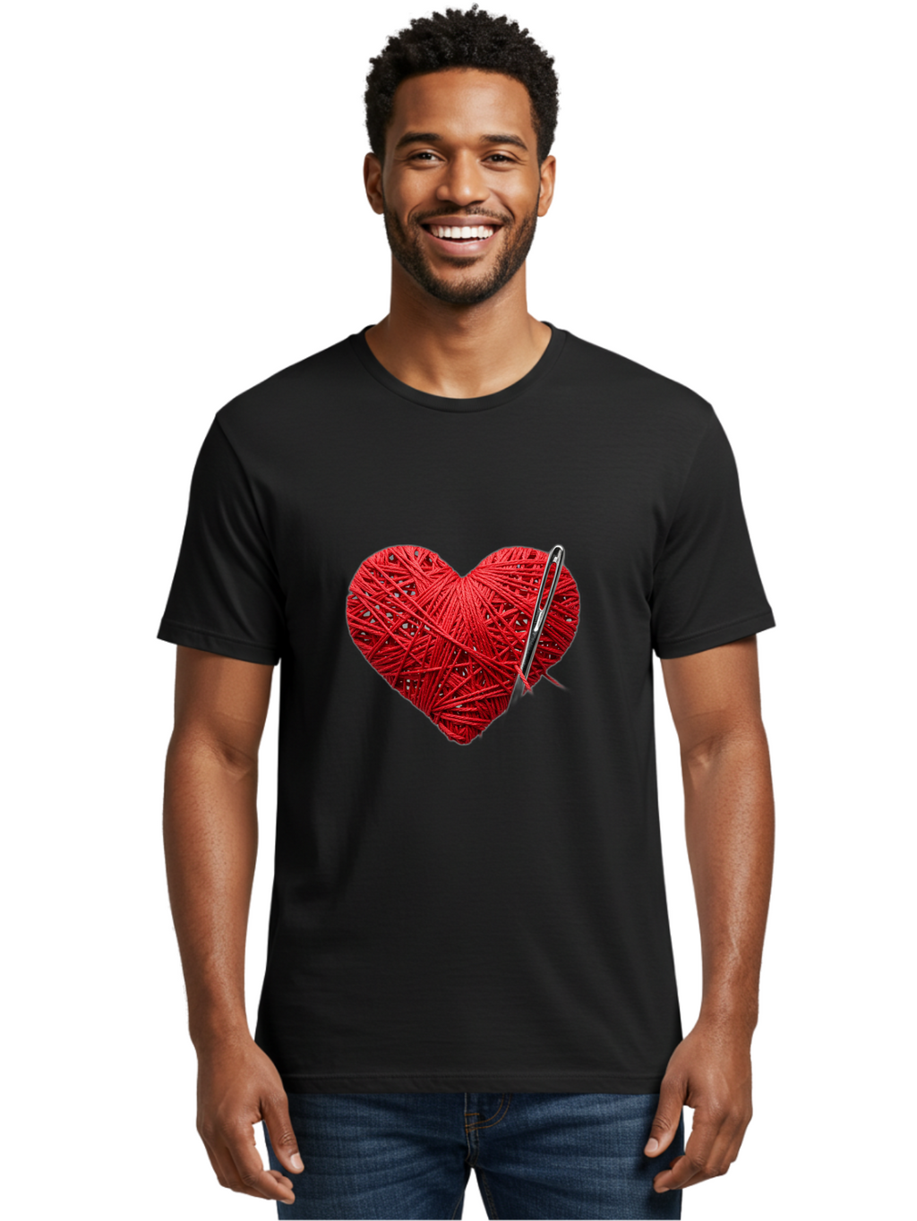 Red-Yarn-Heart Men'S Graphic Tee, 100% Cotton, Comfortable Casual Summer Wear, Machine Washable, Heart Made Of Red Yarn, Knitting Needle, Creative Craft, Handmade Love, Diy Project, Cozy Atmosphere, Knitting Hobby Bad488