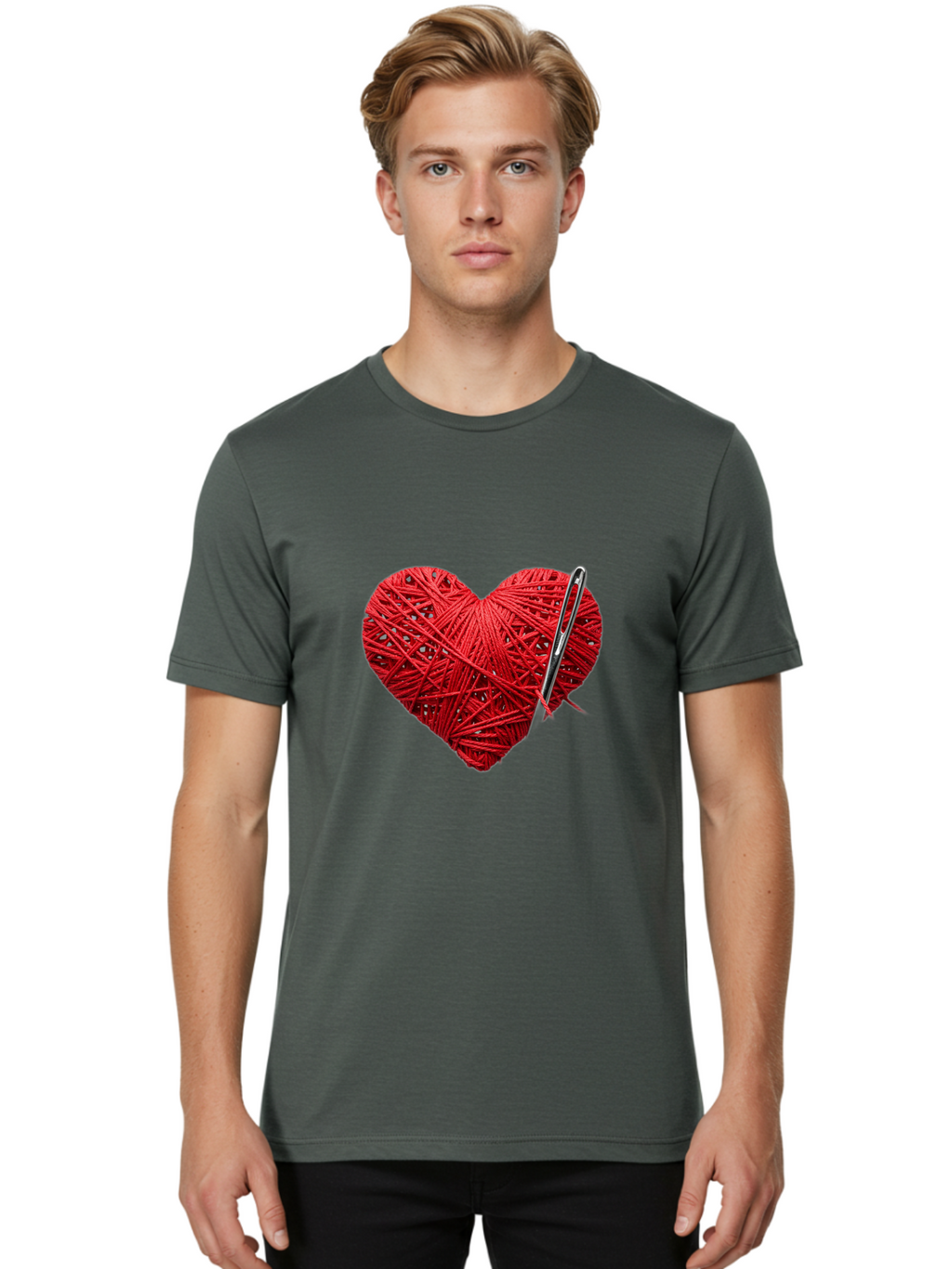 Red-Yarn-Heart Men'S Graphic Tee, 100% Cotton, Comfortable Casual Summer Wear, Machine Washable, Heart Made Of Red Yarn, Knitting Needle, Creative Craft, Handmade Love, Diy Project, Cozy Atmosphere, Knitting Hobby Bad488