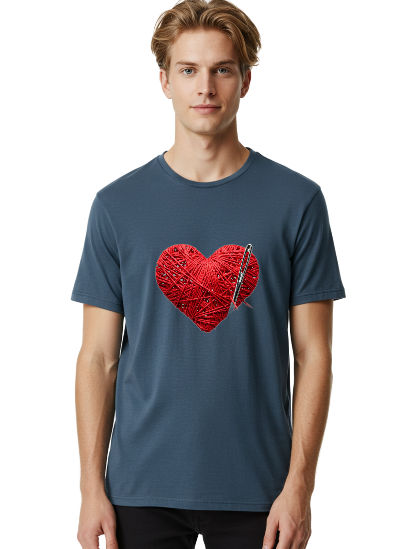 Red-Yarn-Heart Men'S Graphic Tee, 100% Cotton, Comfortable Casual Summer Wear, Machine Washable, Heart Made Of Red Yarn, Knitting Needle, Creative Craft, Handmade Love, Diy Project, Cozy Atmosphere, Knitting Hobby Bad488