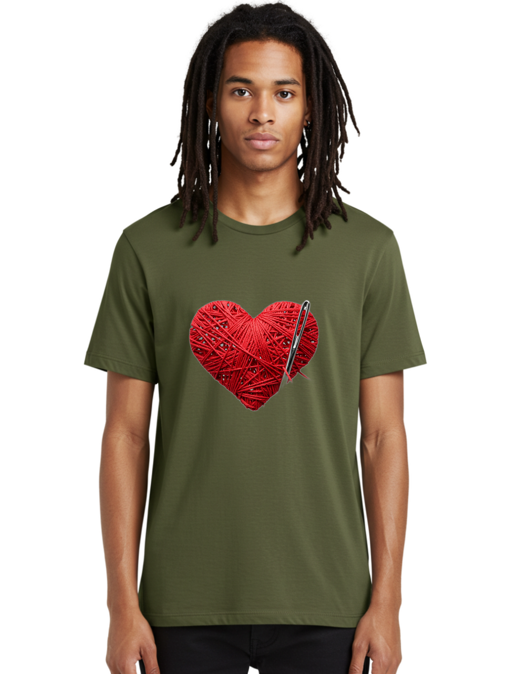 Red-Yarn-Heart Men'S Graphic Tee, 100% Cotton, Comfortable Casual Summer Wear, Machine Washable, Heart Made Of Red Yarn, Knitting Needle, Creative Craft, Handmade Love, Diy Project, Cozy Atmosphere, Knitting Hobby Bad488