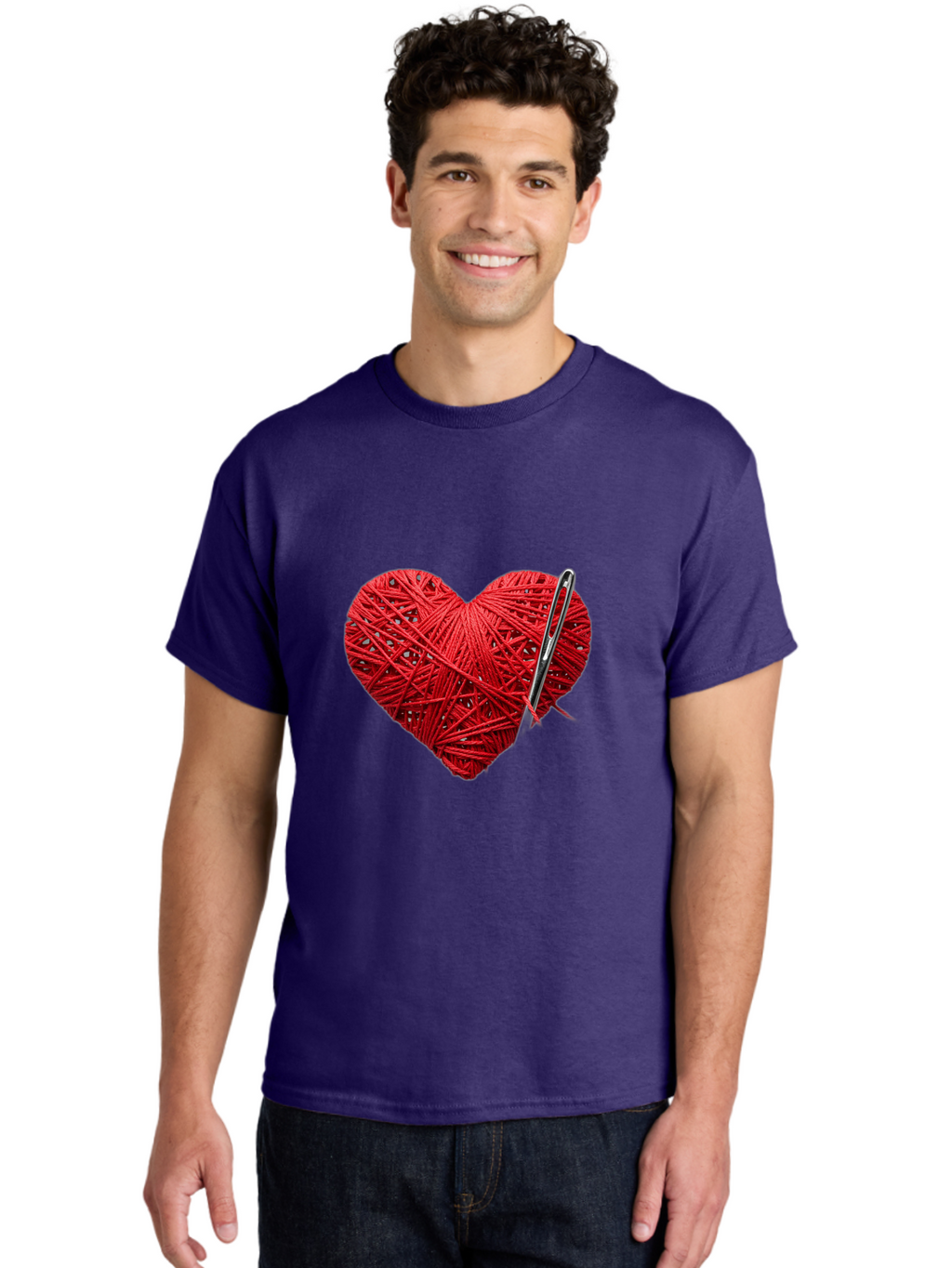 Red-Yarn-Heart Men'S Graphic Tee, 100% Cotton, Comfortable Casual Summer Wear, Machine Washable, Heart Made Of Red Yarn, Knitting Needle, Creative Craft, Handmade Love, Diy Project, Cozy Atmosphere, Knitting Hobby Bad488