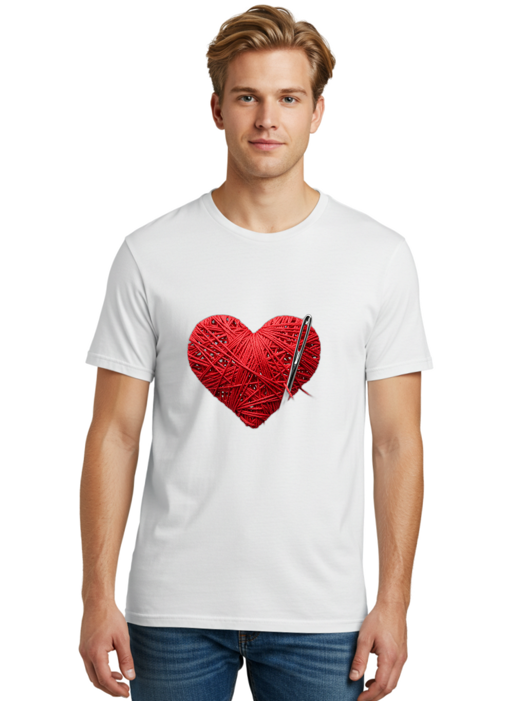Red-Yarn-Heart Men'S Graphic Tee, 100% Cotton, Comfortable Casual Summer Wear, Machine Washable, Heart Made Of Red Yarn, Knitting Needle, Creative Craft, Handmade Love, Diy Project, Cozy Atmosphere, Knitting Hobby Bad488