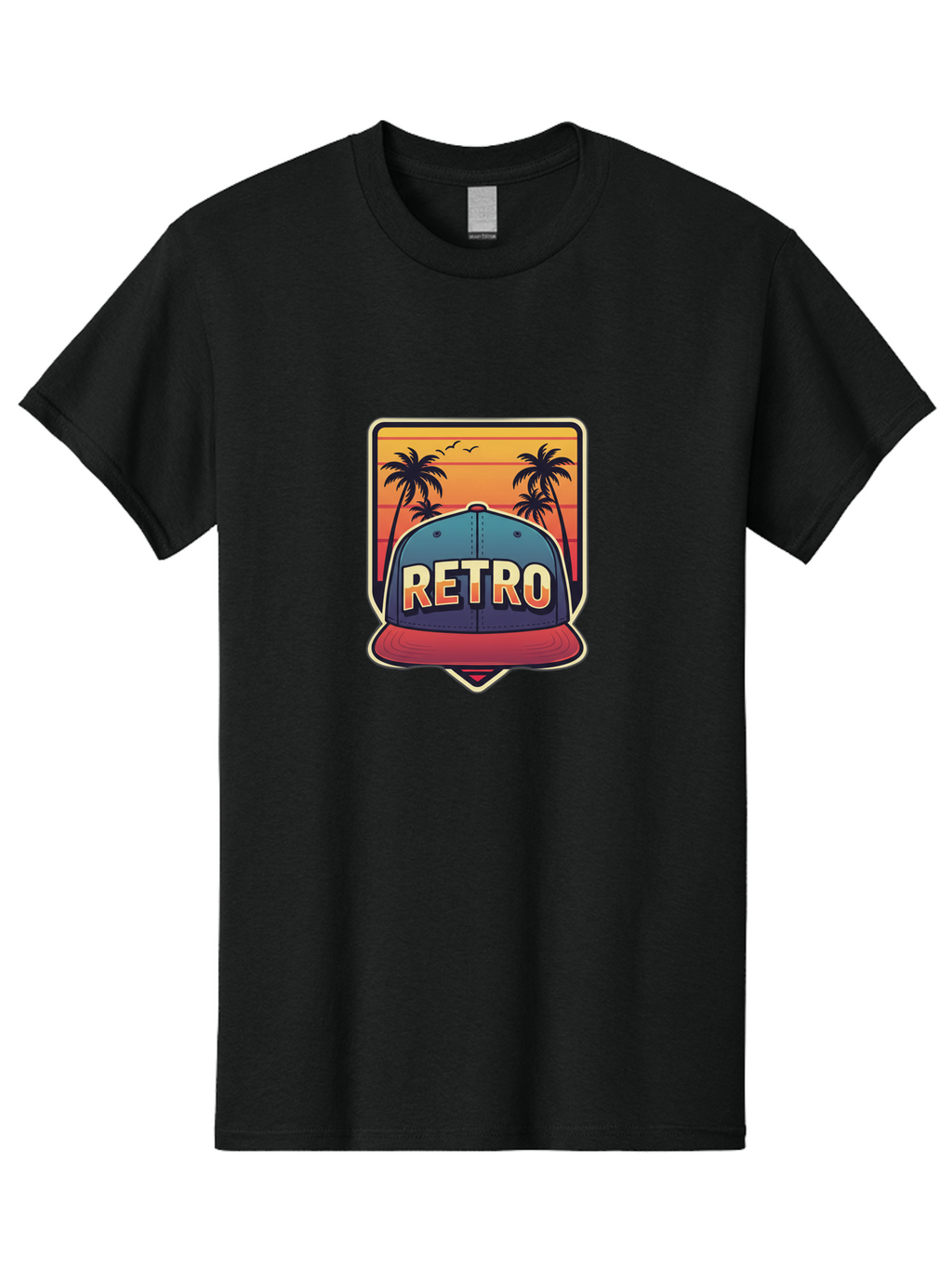 Retro Men'S Graphic Tee, 100% Cotton, Comfortable Casual Summer Wear, Machine Washable, Retro Style Baseball Cap, Vintage Fashion, Nostalgic Design, Palm Trees, Sunset Landscape, Orange Sky, Yellow Text, Red Brim, Blue Cap, Classic Look, Bad489