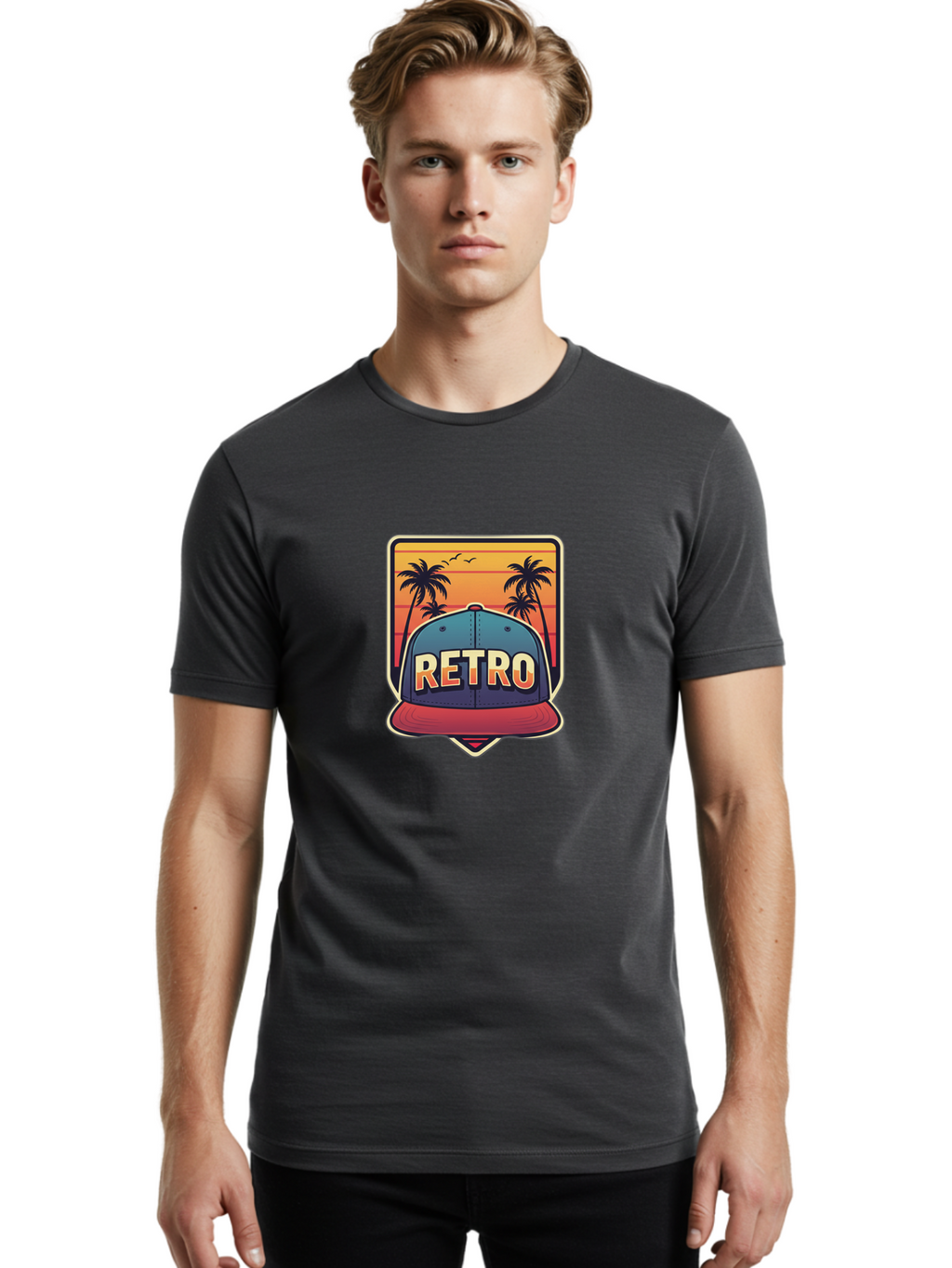 Retro Men'S Graphic Tee, 100% Cotton, Comfortable Casual Summer Wear, Machine Washable, Retro Style Baseball Cap, Vintage Fashion, Nostalgic Design, Palm Trees, Sunset Landscape, Orange Sky, Yellow Text, Red Brim, Blue Cap, Classic Look, Bad489