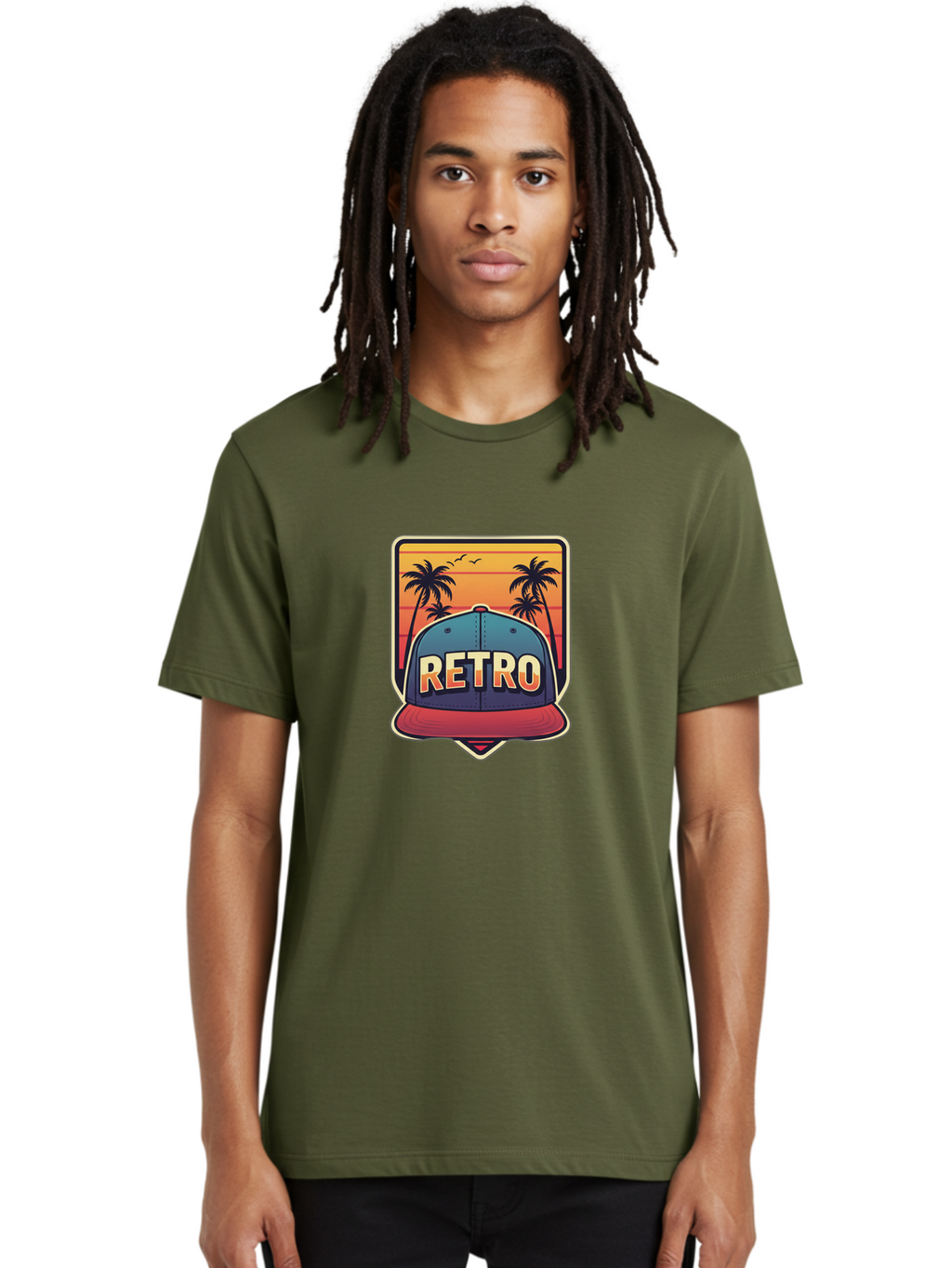 Retro Men'S Graphic Tee, 100% Cotton, Comfortable Casual Summer Wear, Machine Washable, Retro Style Baseball Cap, Vintage Fashion, Nostalgic Design, Palm Trees, Sunset Landscape, Orange Sky, Yellow Text, Red Brim, Blue Cap, Classic Look, Bad489