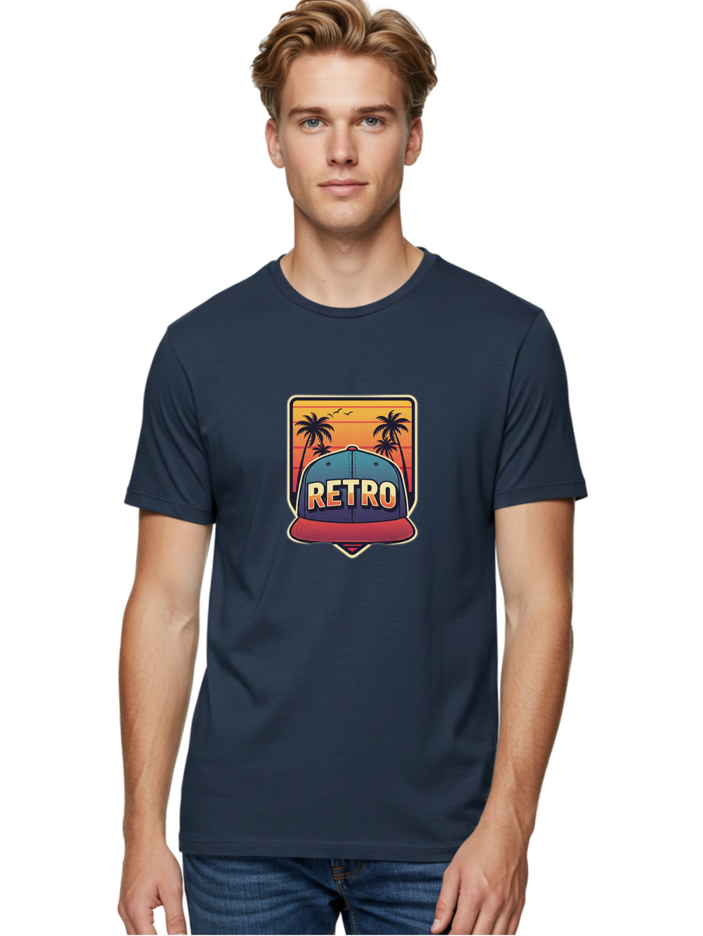 Retro Men'S Graphic Tee, 100% Cotton, Comfortable Casual Summer Wear, Machine Washable, Retro Style Baseball Cap, Vintage Fashion, Nostalgic Design, Palm Trees, Sunset Landscape, Orange Sky, Yellow Text, Red Brim, Blue Cap, Classic Look, Bad489