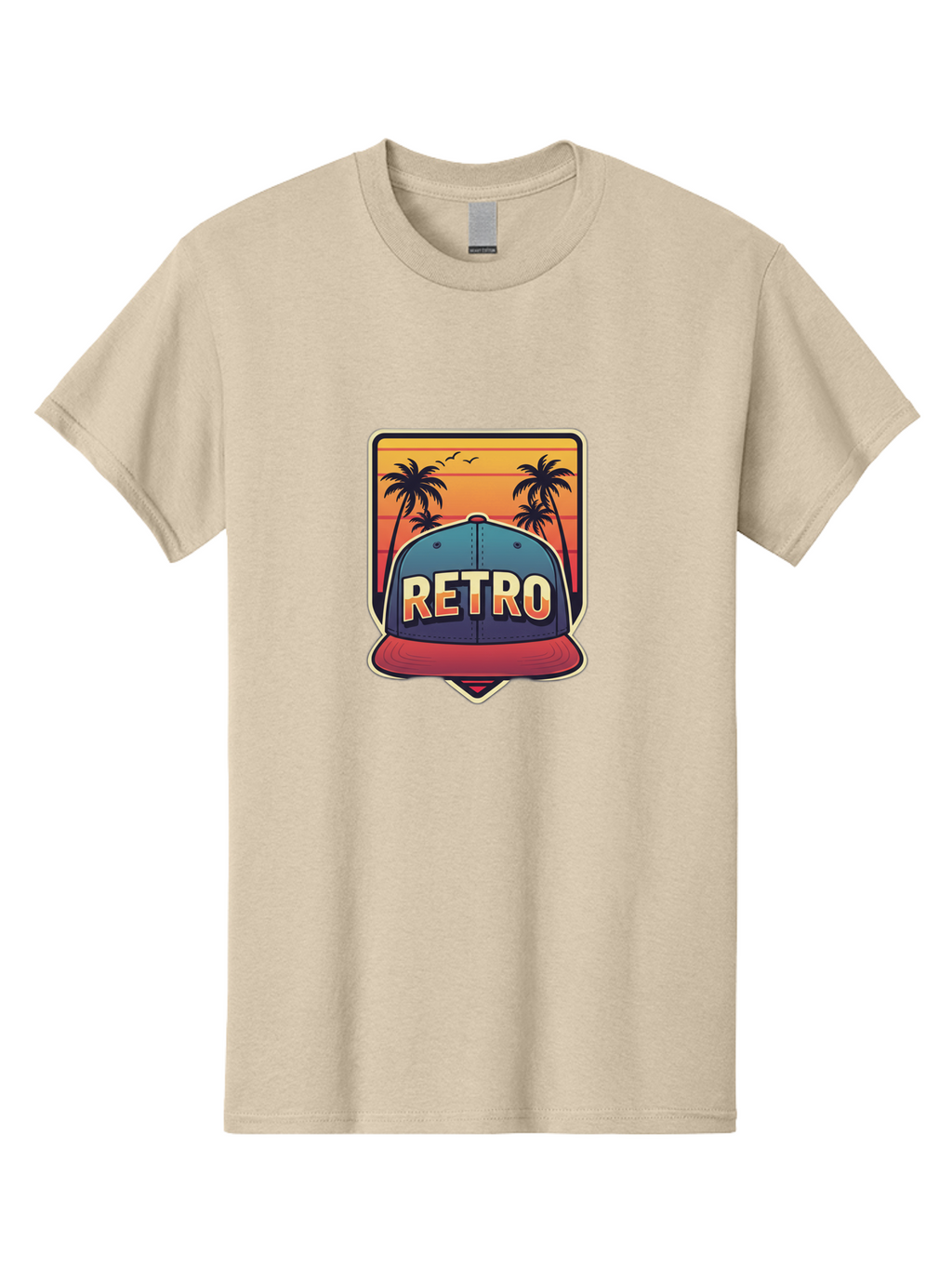 Retro Men'S Graphic Tee, 100% Cotton, Comfortable Casual Summer Wear, Machine Washable, Retro Style Baseball Cap, Vintage Fashion, Nostalgic Design, Palm Trees, Sunset Landscape, Orange Sky, Yellow Text, Red Brim, Blue Cap, Classic Look, Bad489