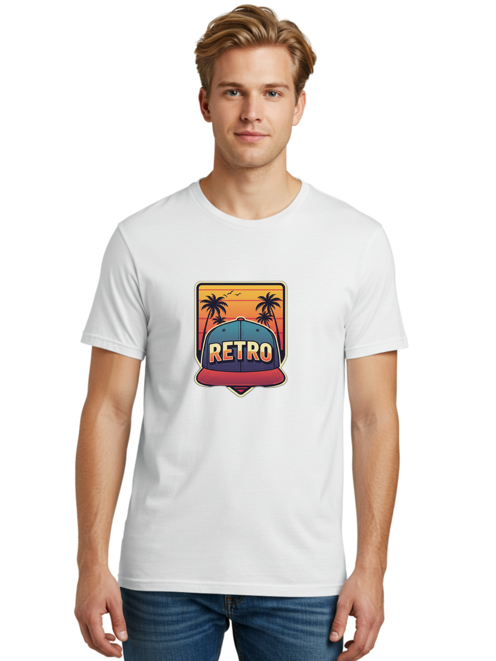 Retro Men'S Graphic Tee, 100% Cotton, Comfortable Casual Summer Wear, Machine Washable, Retro Style Baseball Cap, Vintage Fashion, Nostalgic Design, Palm Trees, Sunset Landscape, Orange Sky, Yellow Text, Red Brim, Blue Cap, Classic Look, Bad489