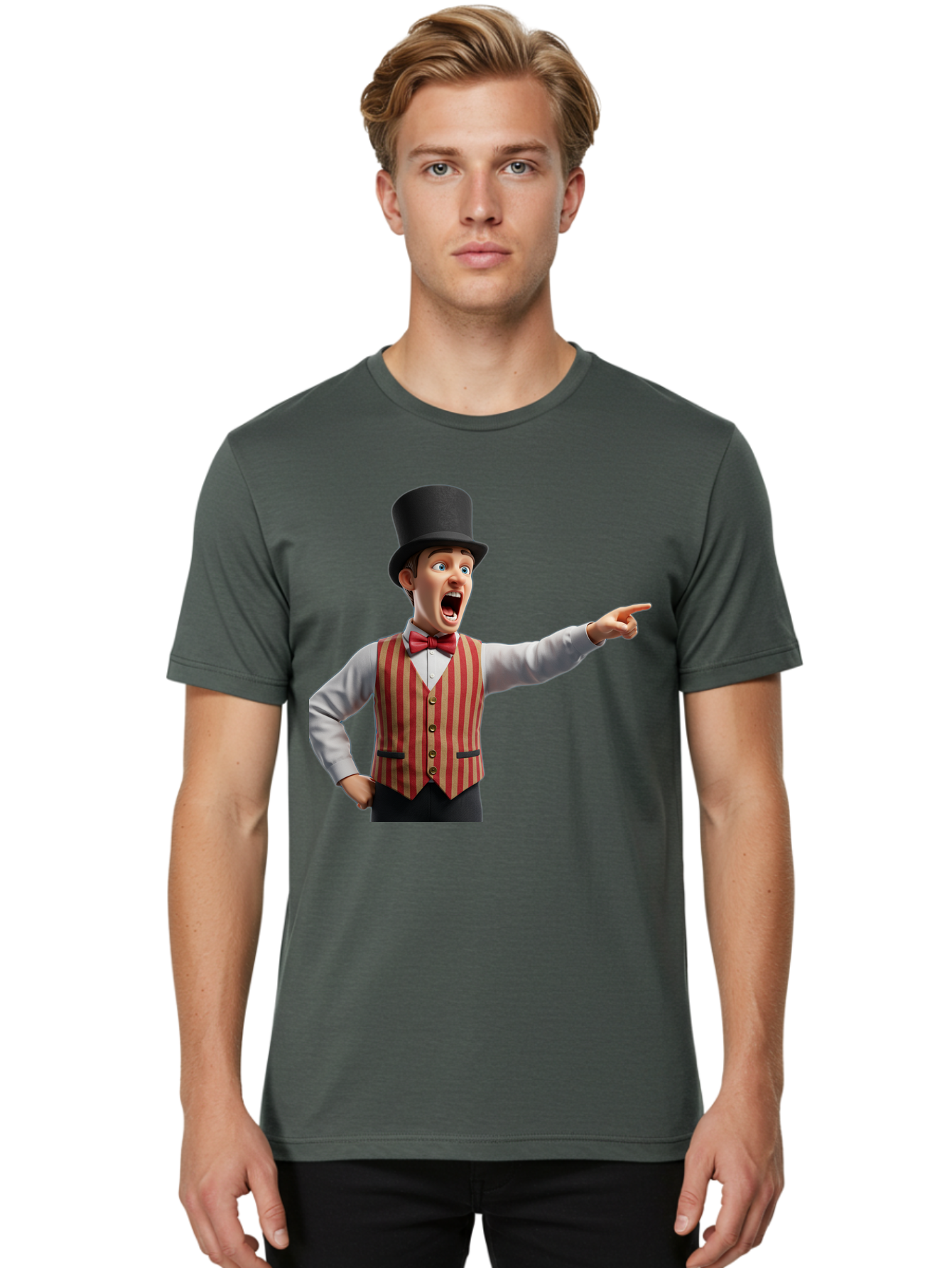 Ringmaster Men'S Graphic Tee, 100% Cotton, Comfortable Casual Summer Wear, Machine Washable, Cartoon Ringmaster, Striped Vest, Top Hat, Bow Tie, Pointing Gesture, Circus Performer, Cartoon Character, Red And White Stripes, Bad491