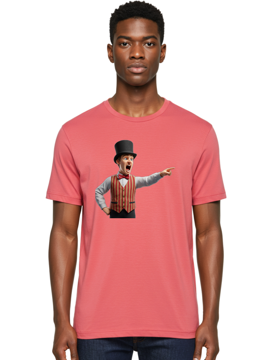 Ringmaster Men'S Graphic Tee, 100% Cotton, Comfortable Casual Summer Wear, Machine Washable, Cartoon Ringmaster, Striped Vest, Top Hat, Bow Tie, Pointing Gesture, Circus Performer, Cartoon Character, Red And White Stripes, Bad491