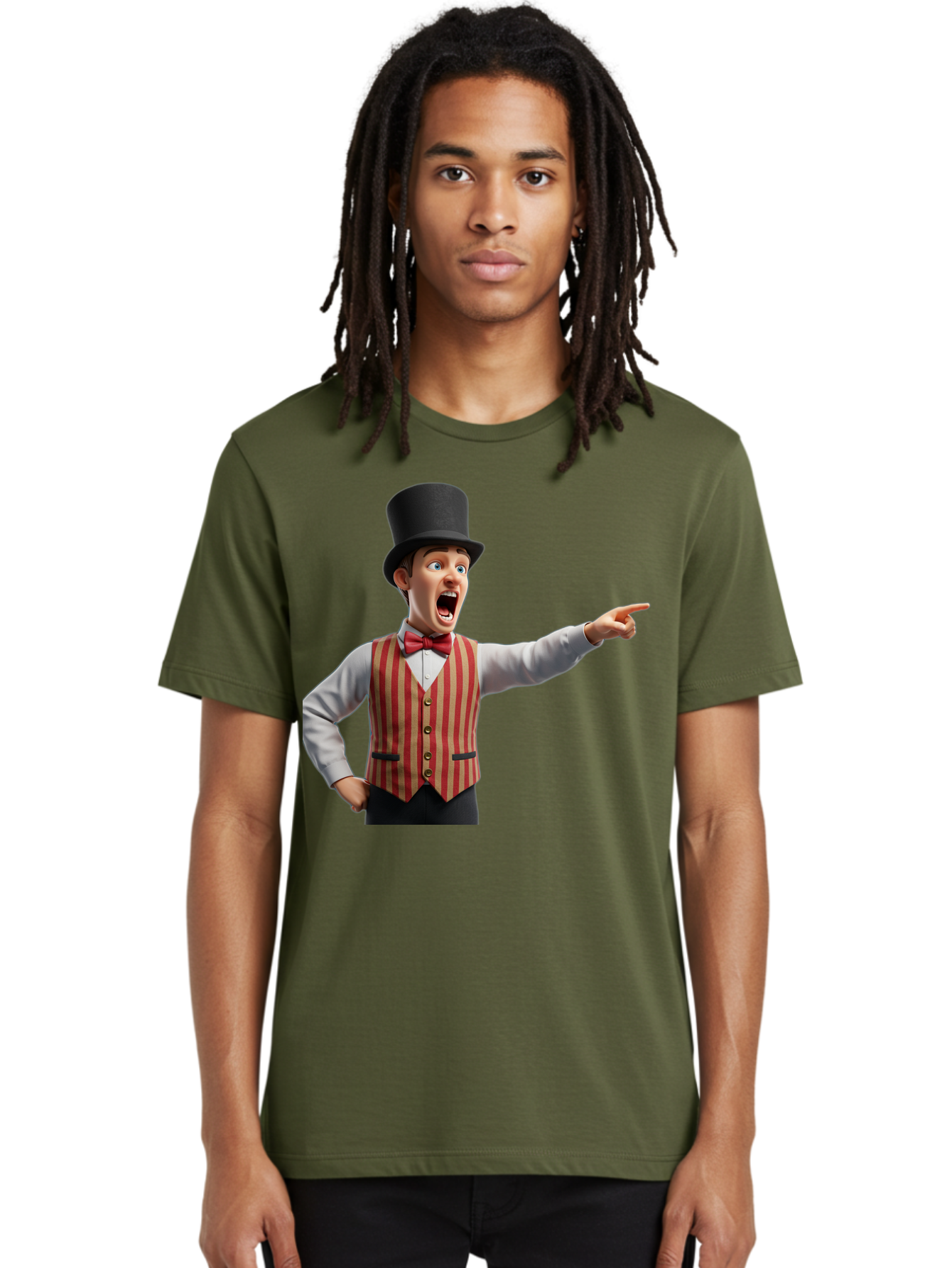 Ringmaster Men'S Graphic Tee, 100% Cotton, Comfortable Casual Summer Wear, Machine Washable, Cartoon Ringmaster, Striped Vest, Top Hat, Bow Tie, Pointing Gesture, Circus Performer, Cartoon Character, Red And White Stripes, Bad491