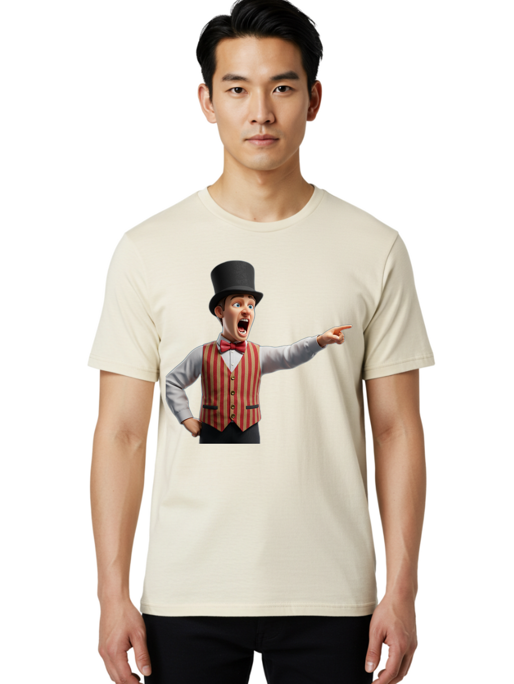 Ringmaster Men'S Graphic Tee, 100% Cotton, Comfortable Casual Summer Wear, Machine Washable, Cartoon Ringmaster, Striped Vest, Top Hat, Bow Tie, Pointing Gesture, Circus Performer, Cartoon Character, Red And White Stripes, Bad491