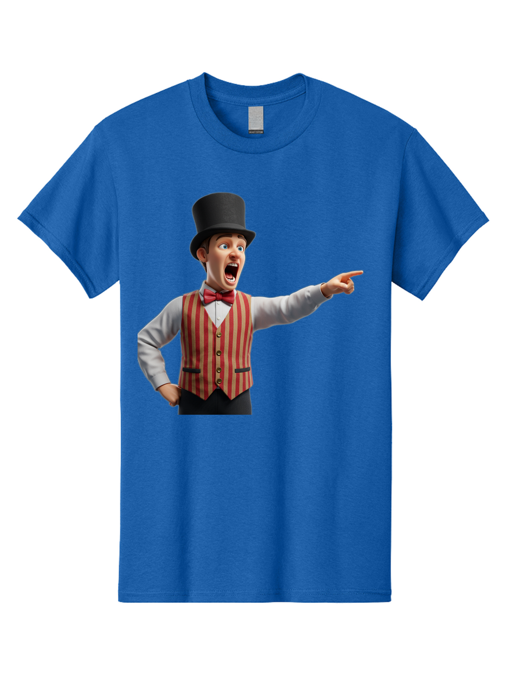 Ringmaster Men'S Graphic Tee, 100% Cotton, Comfortable Casual Summer Wear, Machine Washable, Cartoon Ringmaster, Striped Vest, Top Hat, Bow Tie, Pointing Gesture, Circus Performer, Cartoon Character, Red And White Stripes, Bad491