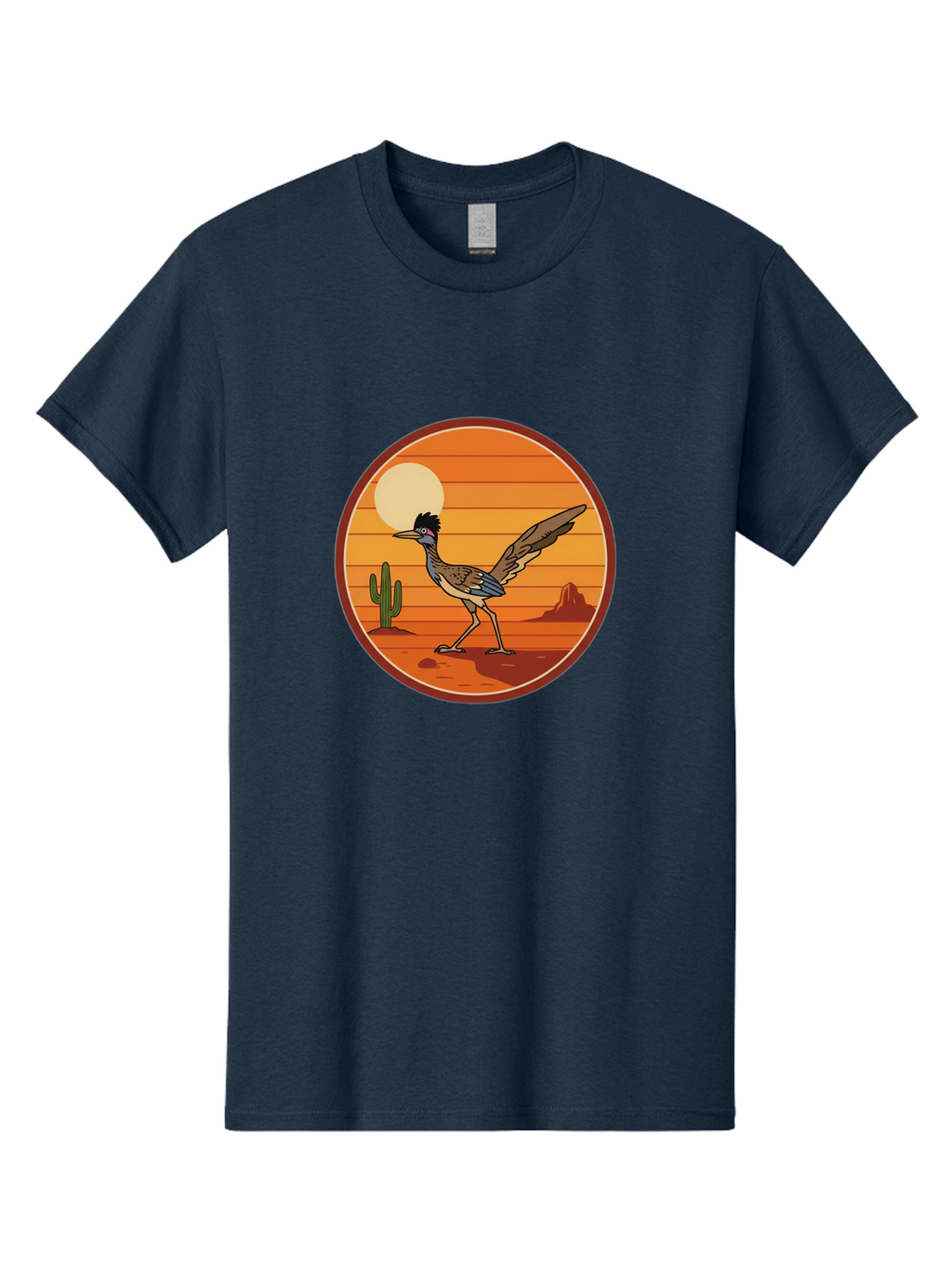 Roadrunner-Desert-Sunset Men'S Graphic Tee, 100% Cotton, Comfortable Casual Summer Wear, Machine Washable, Roadrunner In The Desert, Desert Sunset, Southwestern Landscape, Cactus, Rocky Terrain, Full Moon, Roadrunner Illustration, Bad493
