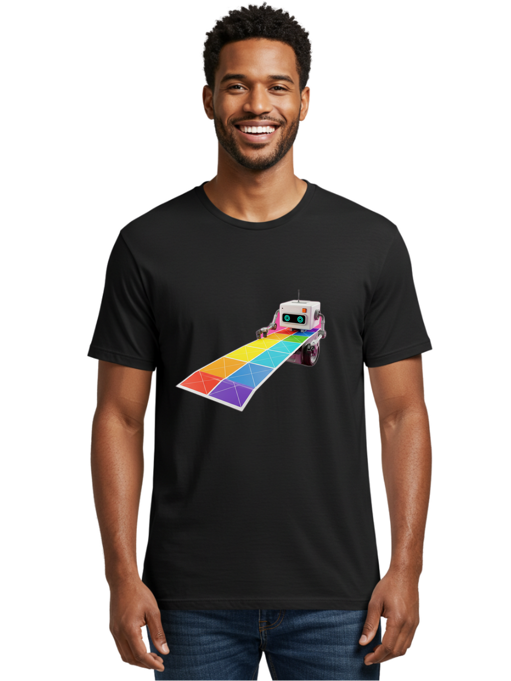 Robot-Dj-Booth Men'S Graphic Tee, 100% Cotton, Comfortable Casual Summer Wear, Machine Washable, Robot Dj, Colorful Turntable, Rainbow-Colored Dj Deck, Music Production, Electronic Dance Music, Futuristic Technology, Dance Floor Vibes, Bad494