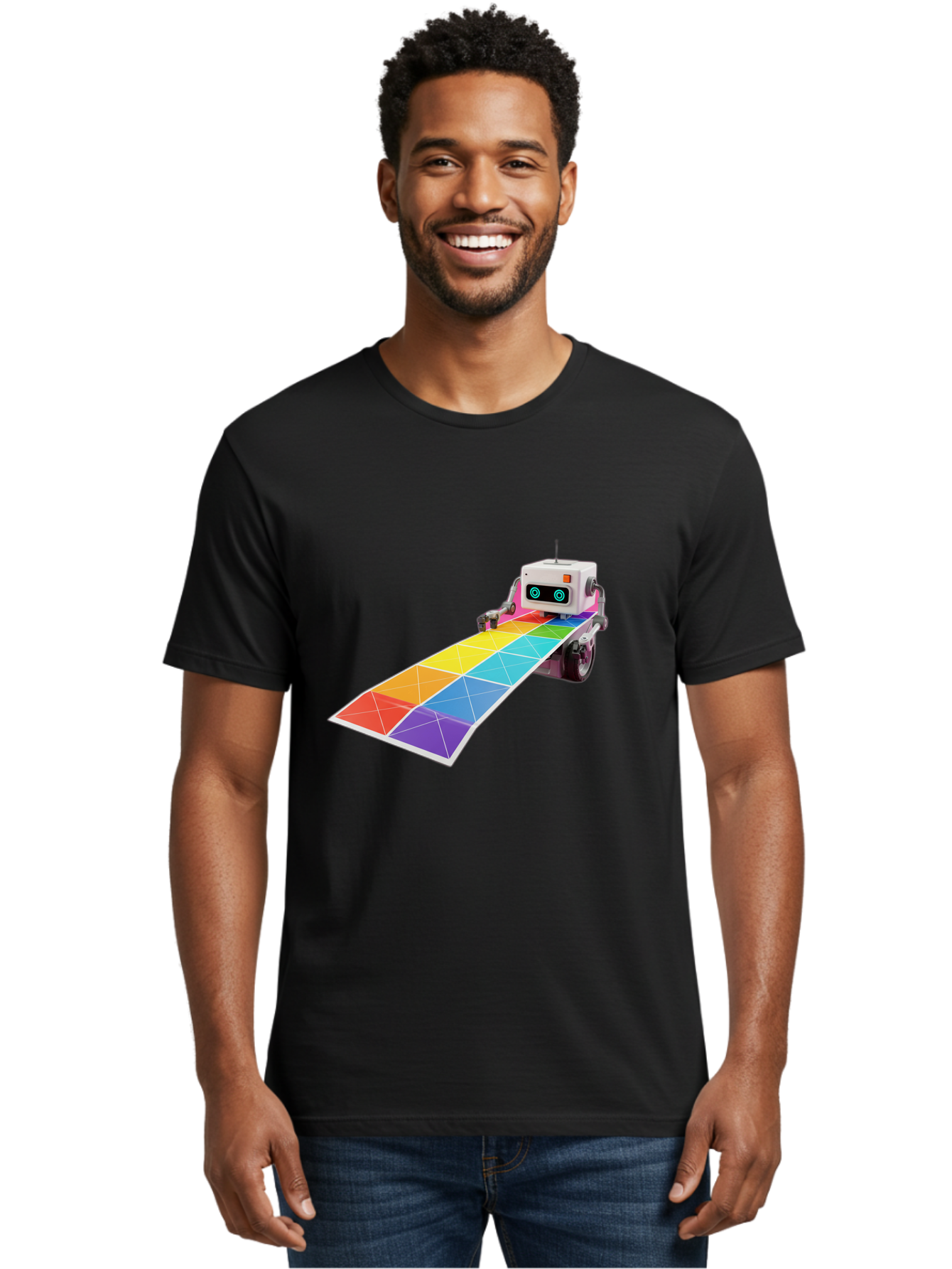 Robot-Dj-Booth Men'S Graphic Tee, 100% Cotton, Comfortable Casual Summer Wear, Machine Washable, Robot Dj, Colorful Turntable, Rainbow-Colored Dj Deck, Music Production, Electronic Dance Music, Futuristic Technology, Dance Floor Vibes, Bad494