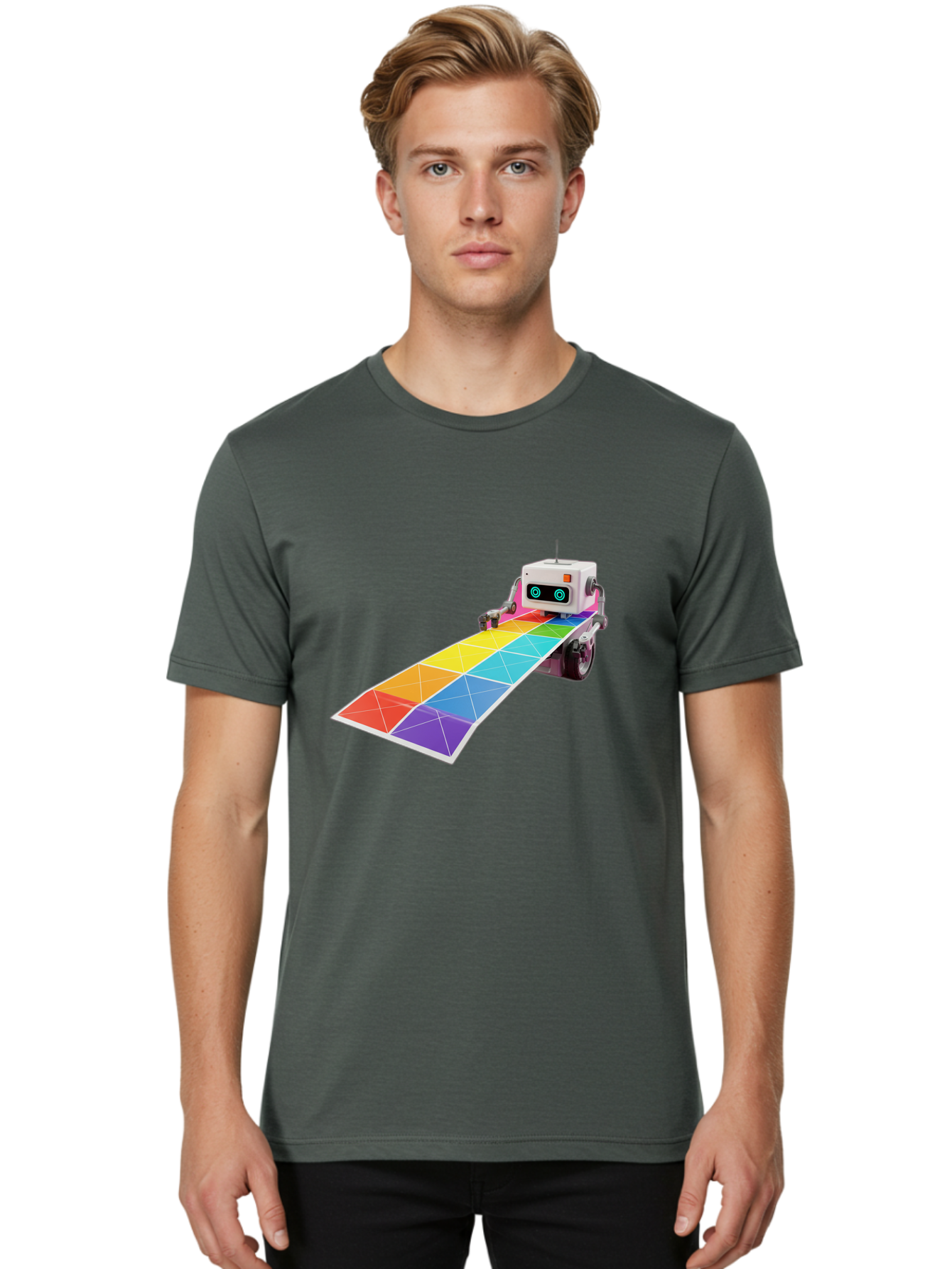 Robot-Dj-Booth Men'S Graphic Tee, 100% Cotton, Comfortable Casual Summer Wear, Machine Washable, Robot Dj, Colorful Turntable, Rainbow-Colored Dj Deck, Music Production, Electronic Dance Music, Futuristic Technology, Dance Floor Vibes, Bad494