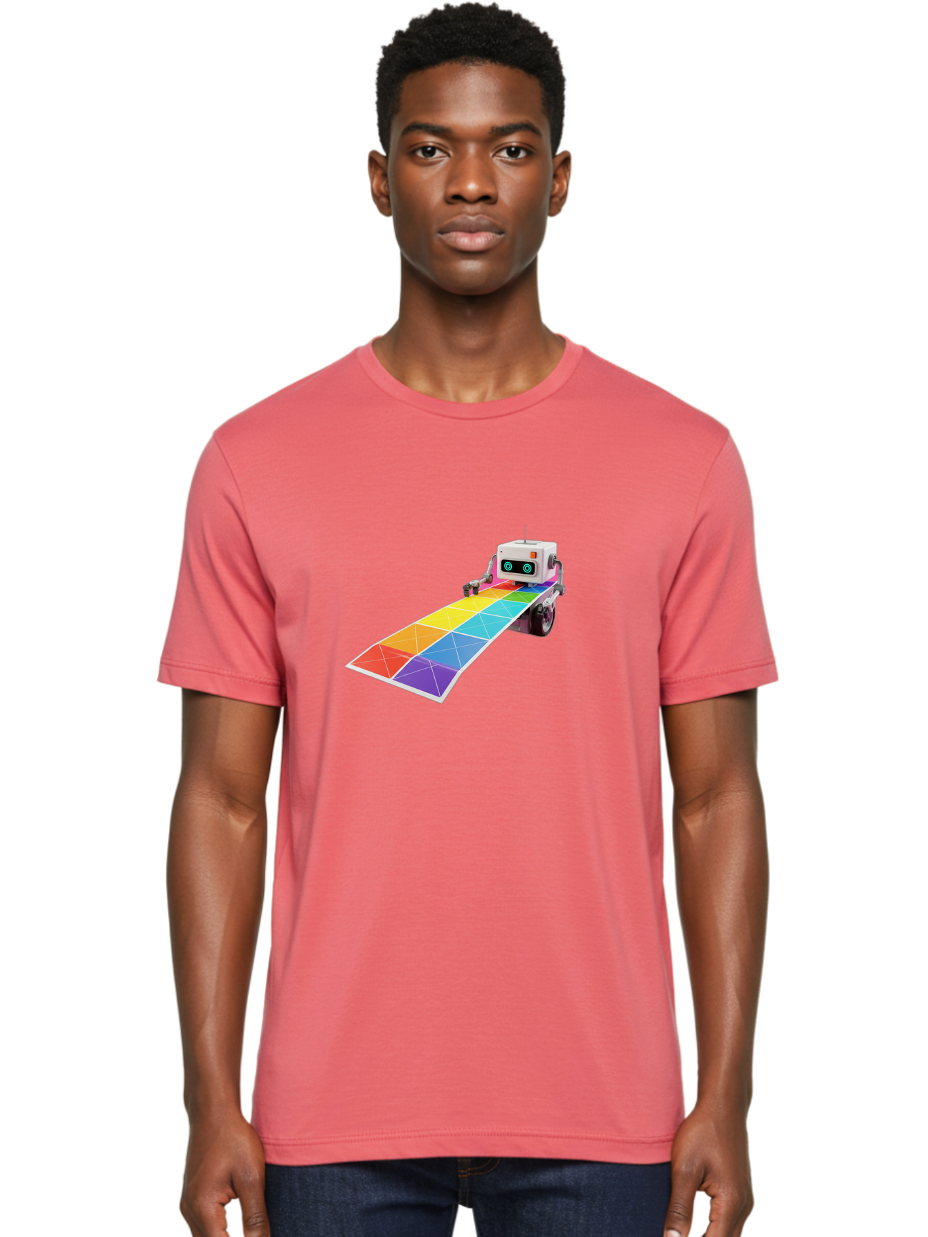Robot-Dj-Booth Men'S Graphic Tee, 100% Cotton, Comfortable Casual Summer Wear, Machine Washable, Robot Dj, Colorful Turntable, Rainbow-Colored Dj Deck, Music Production, Electronic Dance Music, Futuristic Technology, Dance Floor Vibes, Bad494