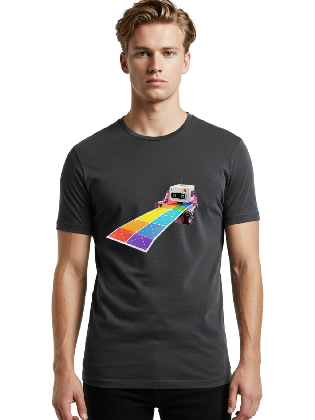 Robot-Dj-Booth Men'S Graphic Tee, 100% Cotton, Comfortable Casual Summer Wear, Machine Washable, Robot Dj, Colorful Turntable, Rainbow-Colored Dj Deck, Music Production, Electronic Dance Music, Futuristic Technology, Dance Floor Vibes, Bad494
