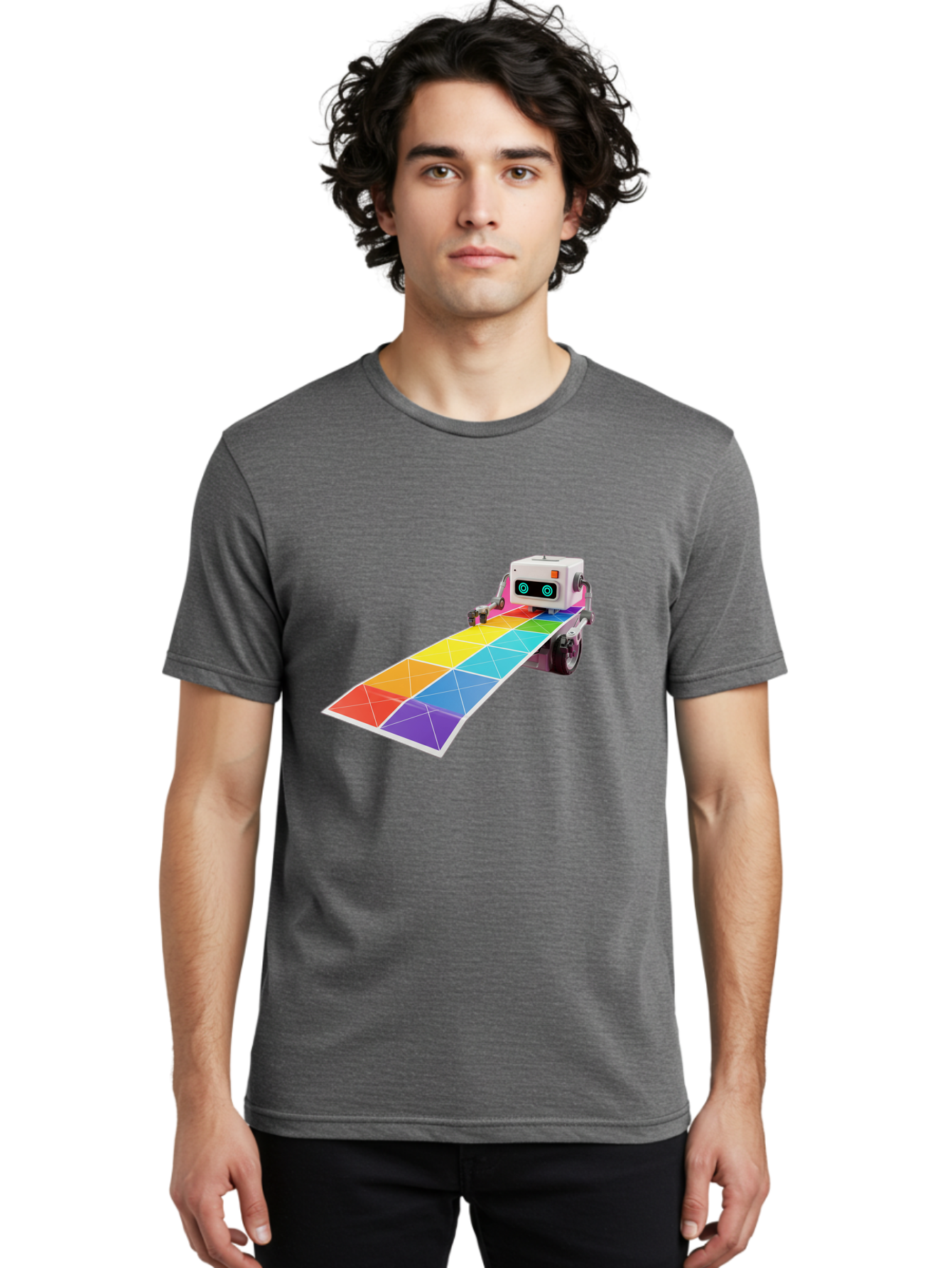 Robot-Dj-Booth Men'S Graphic Tee, 100% Cotton, Comfortable Casual Summer Wear, Machine Washable, Robot Dj, Colorful Turntable, Rainbow-Colored Dj Deck, Music Production, Electronic Dance Music, Futuristic Technology, Dance Floor Vibes, Bad494