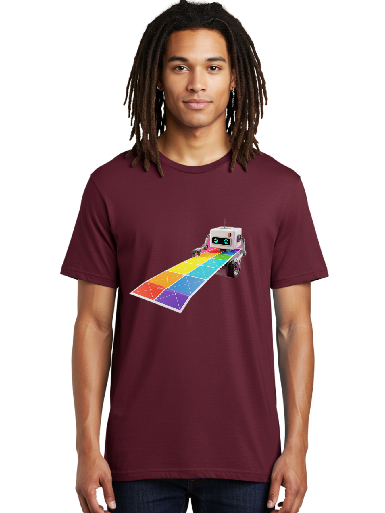 Robot-Dj-Booth Men'S Graphic Tee, 100% Cotton, Comfortable Casual Summer Wear, Machine Washable, Robot Dj, Colorful Turntable, Rainbow-Colored Dj Deck, Music Production, Electronic Dance Music, Futuristic Technology, Dance Floor Vibes, Bad494