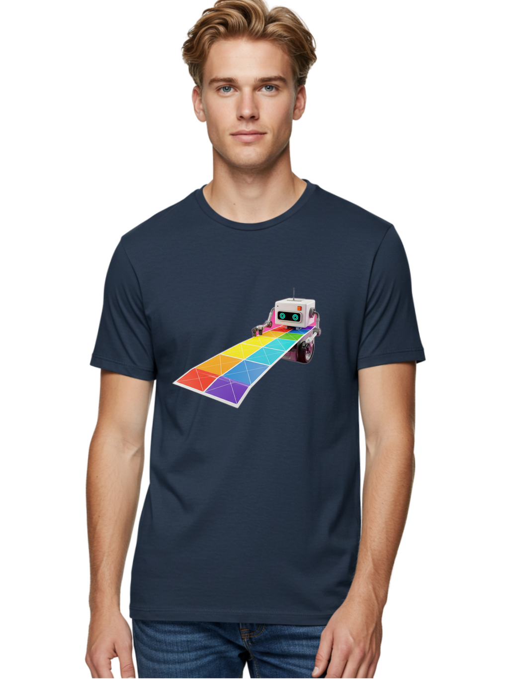 Robot-Dj-Booth Men'S Graphic Tee, 100% Cotton, Comfortable Casual Summer Wear, Machine Washable, Robot Dj, Colorful Turntable, Rainbow-Colored Dj Deck, Music Production, Electronic Dance Music, Futuristic Technology, Dance Floor Vibes, Bad494